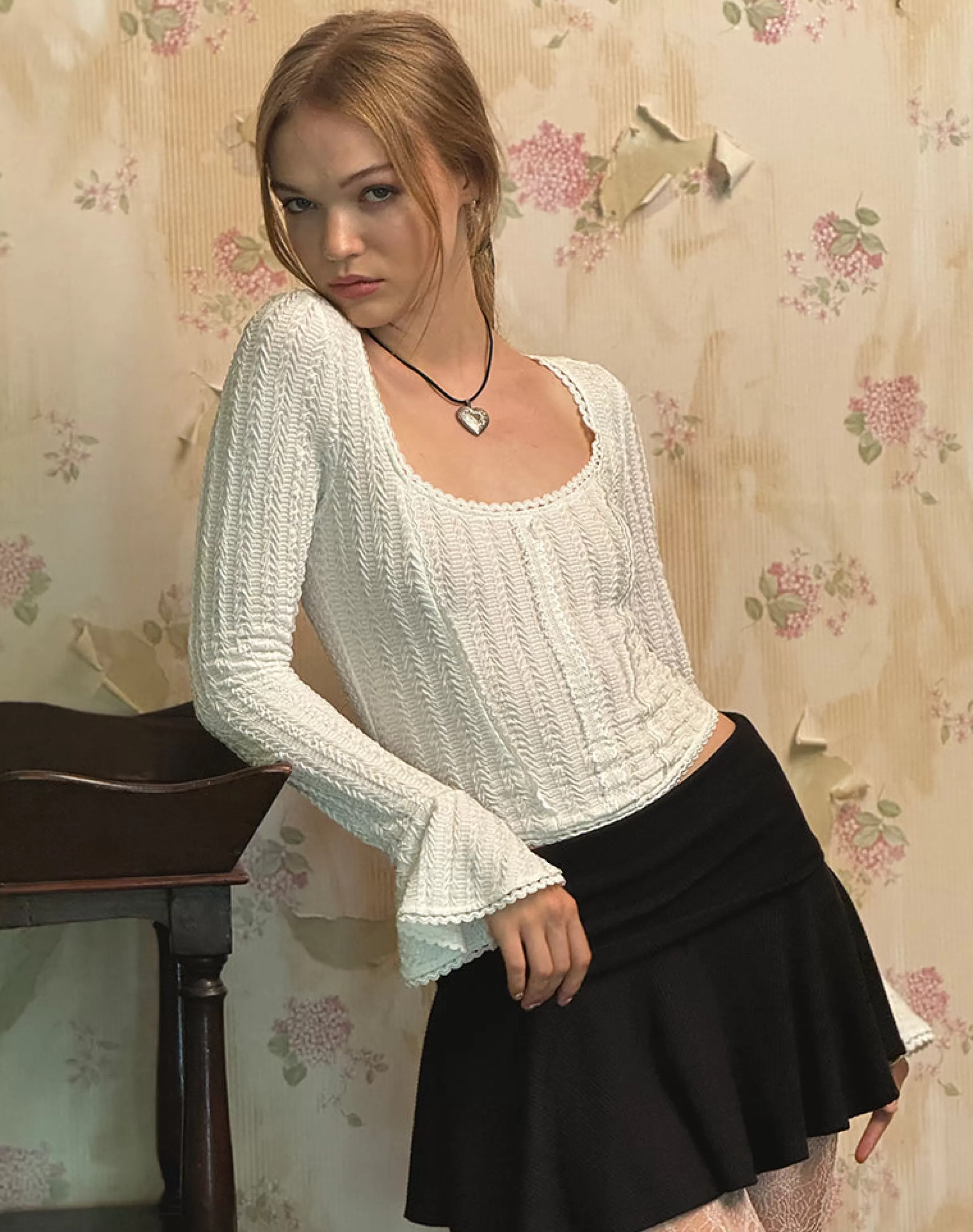 Hot Abella Textured Flute Sleeve Top In Ivory LONG SLEEVE TOPS