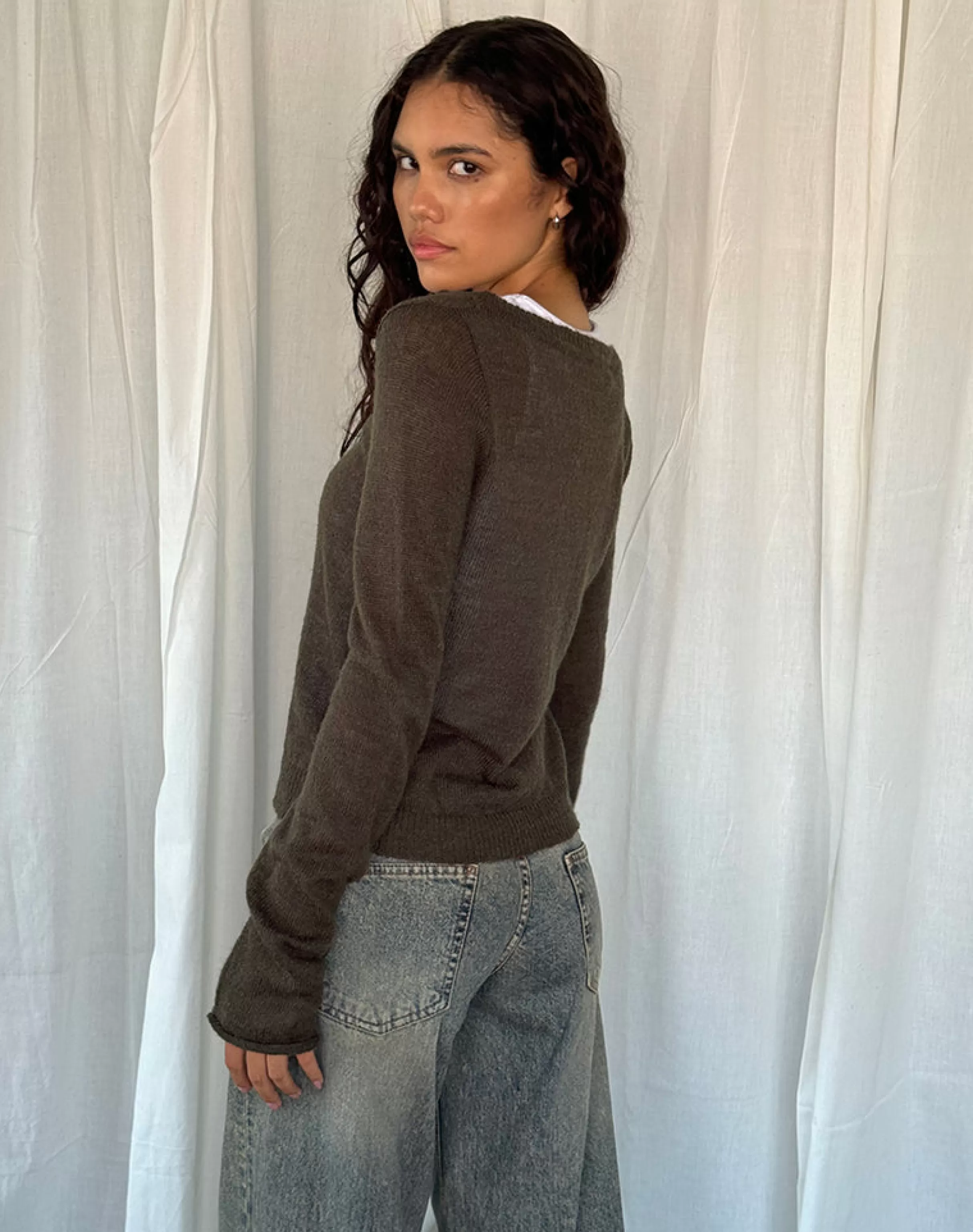 Sale Addison Long Sleeve Sheer Knit Top In Dark Chocolate LONG SLEEVE TOPS