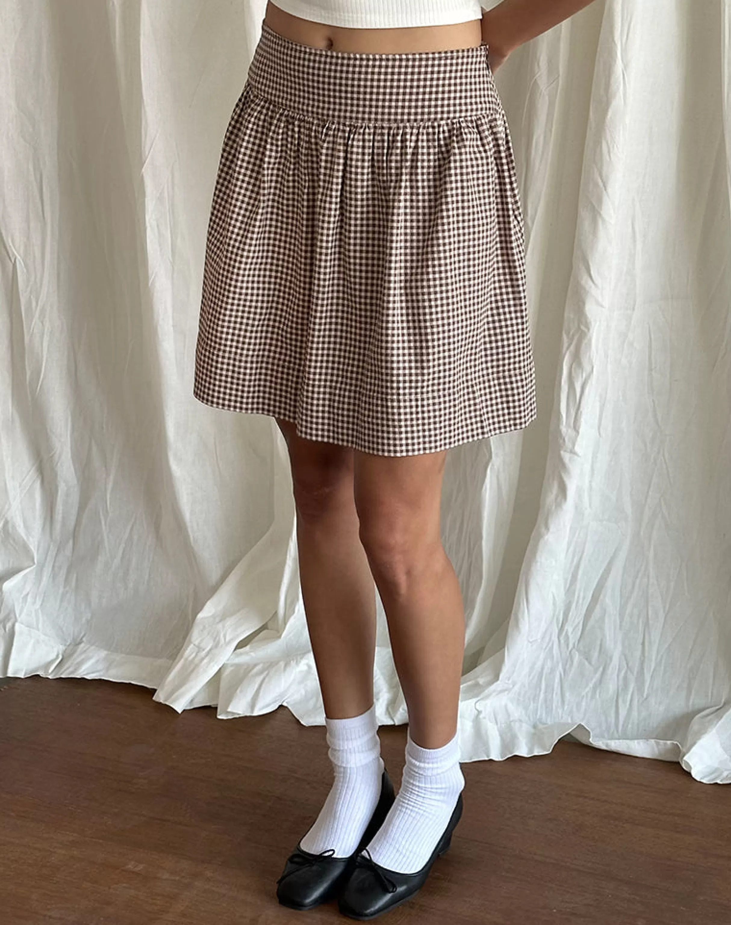 Outlet Adinda Midi Skirt In Mini Gingham Brown STRAWBERRY MILK | PRINTED SKIRTS