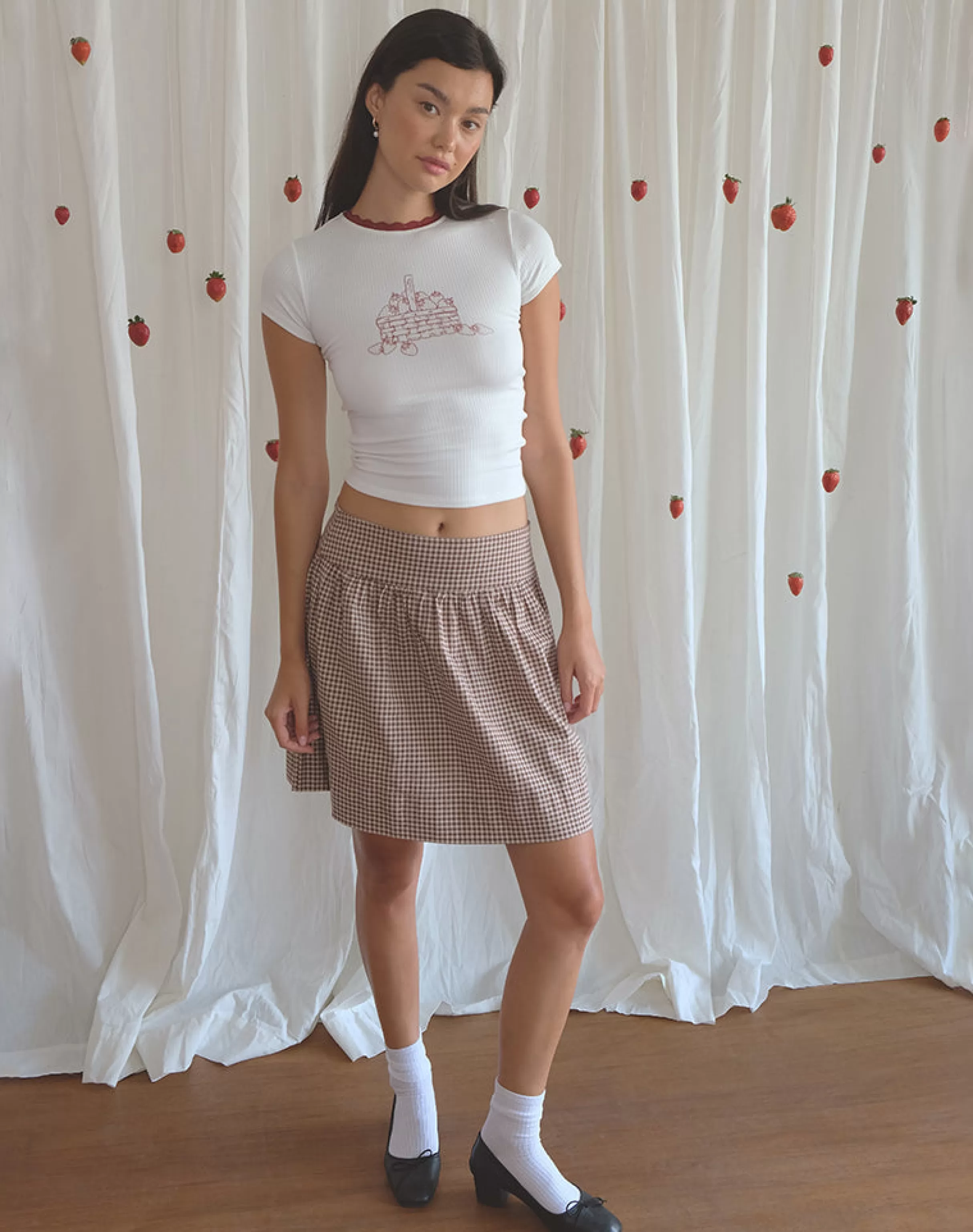 Outlet Adinda Midi Skirt In Mini Gingham Brown STRAWBERRY MILK | PRINTED SKIRTS