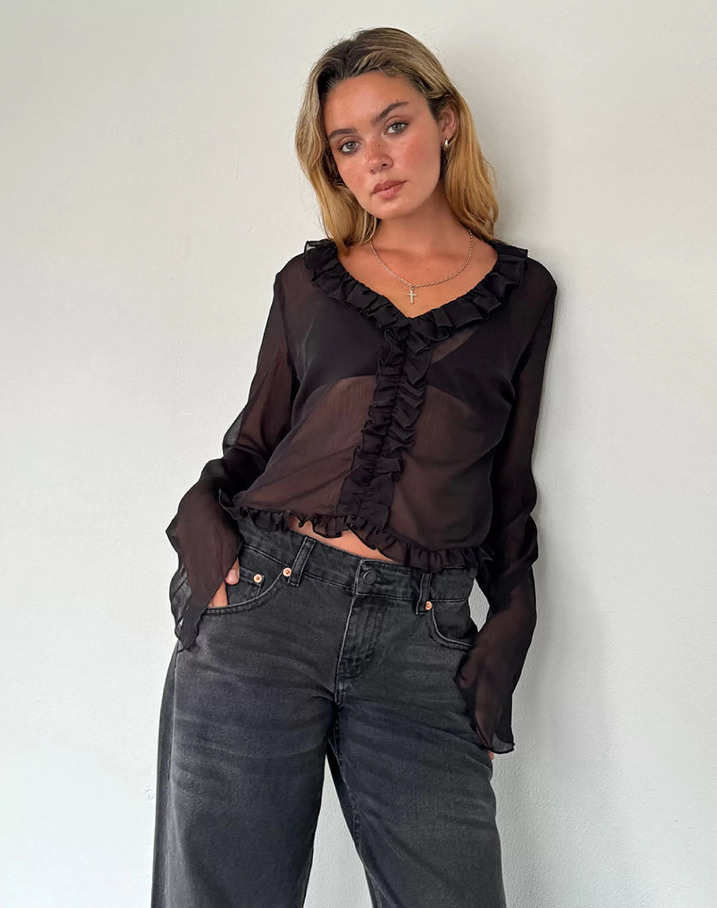 Fashion Adriana Ruffle Top In Chiffon Black BISOUS | GOING OUT TOPS