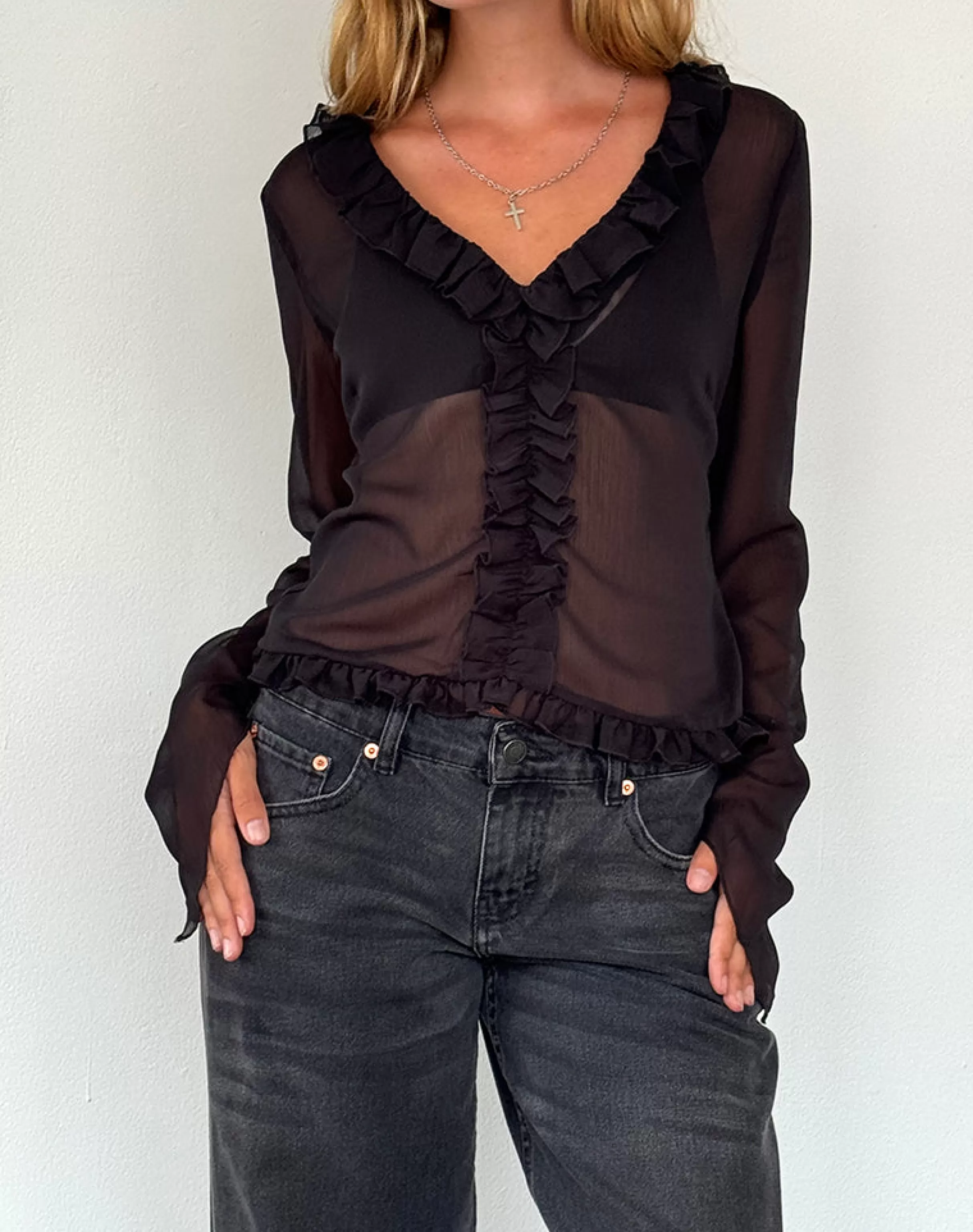Fashion Adriana Ruffle Top In Chiffon Black BISOUS | GOING OUT TOPS