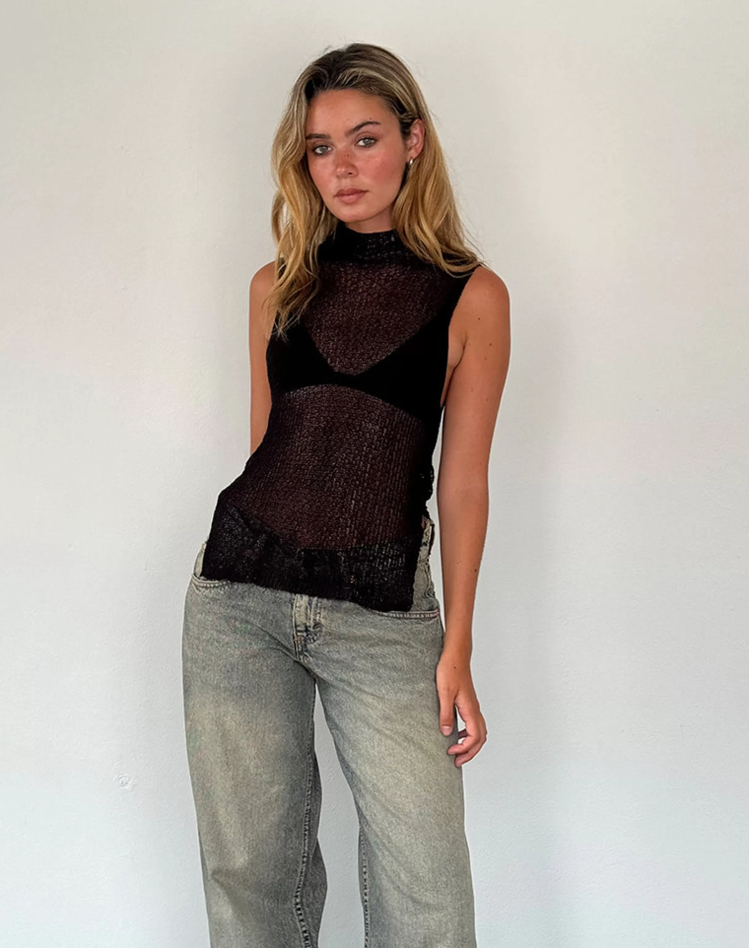 Sale Agnes Sleeveless Sheer Knit Tank In Black BISOUS | VEST TOPS