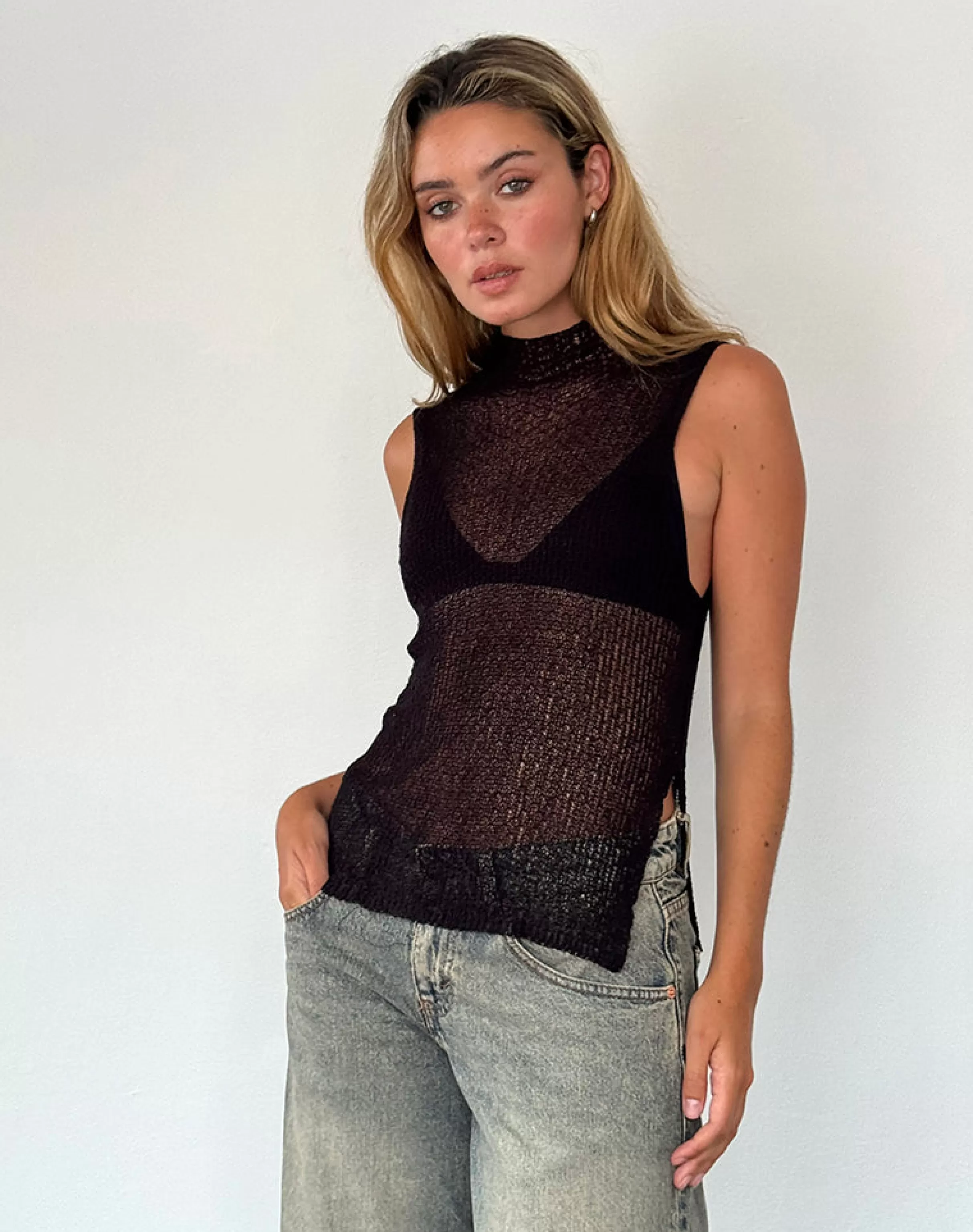 Sale Agnes Sleeveless Sheer Knit Tank In Black BISOUS | VEST TOPS