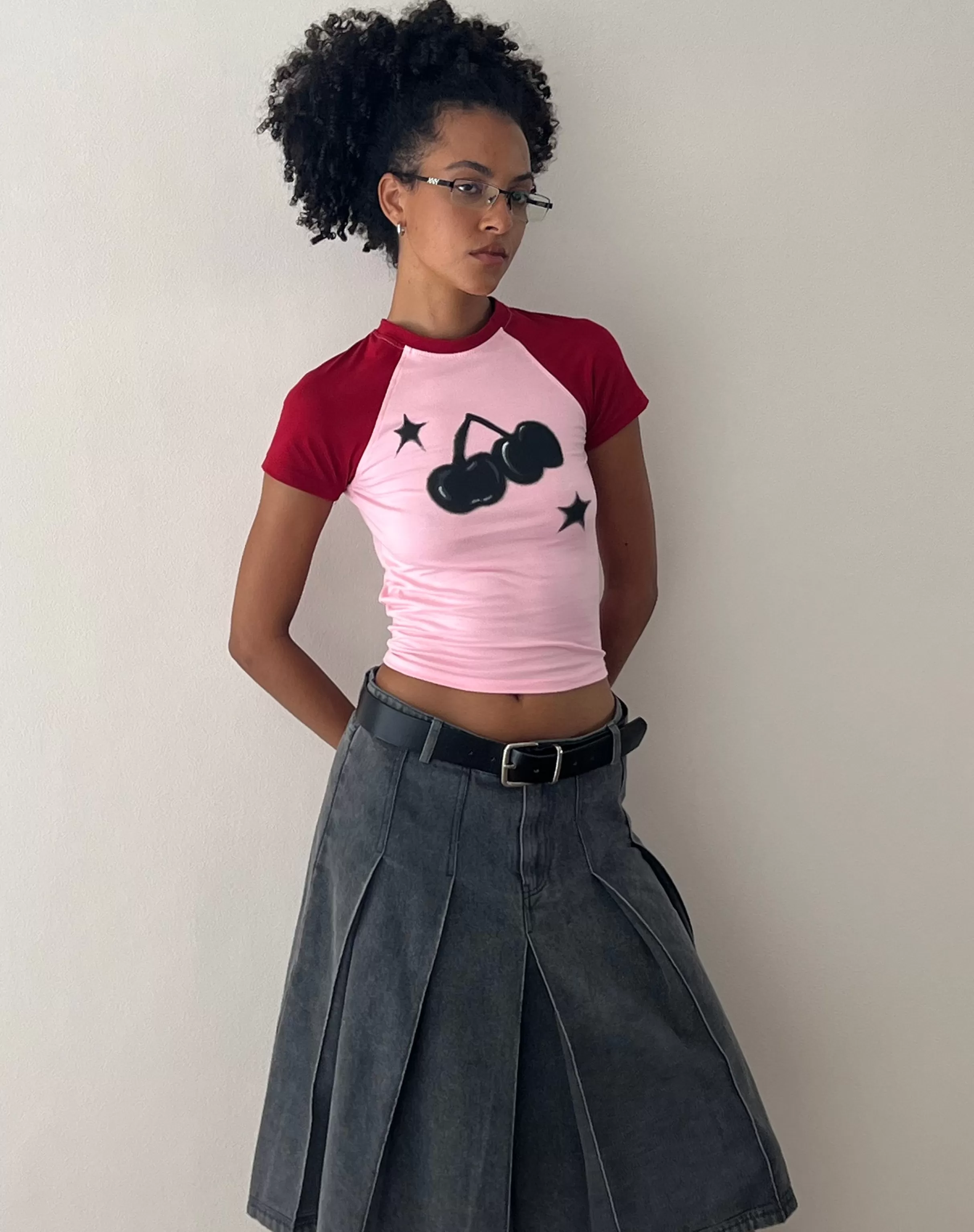 Clearance Agneta Baby Tee In Ballet Pink With Red Cherry Print PRINTED TOPS | CROP TOPS