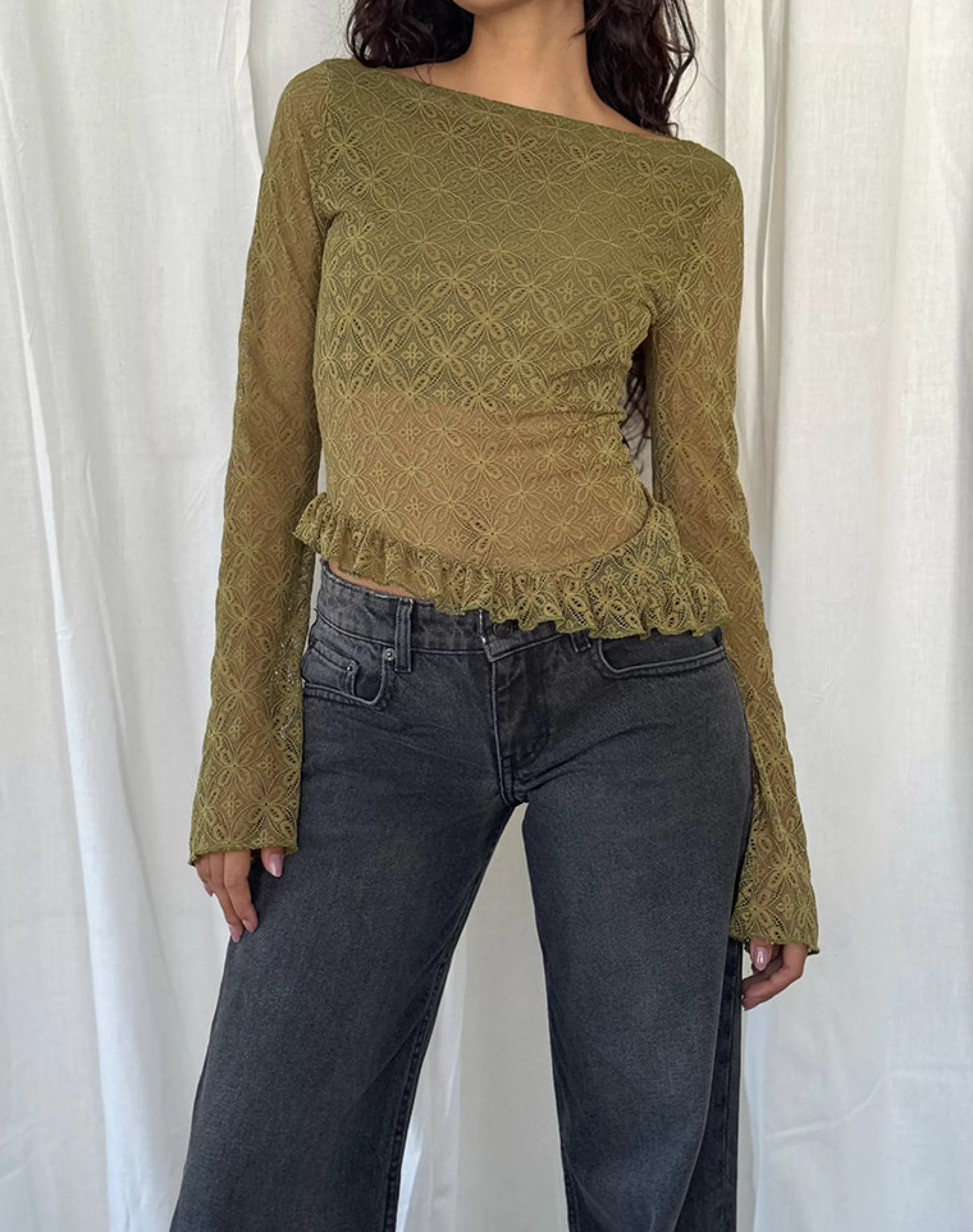 Flash Sale Allegra Long Sleeve Top In Textured Moss Green Lace LONG SLEEVE TOPS