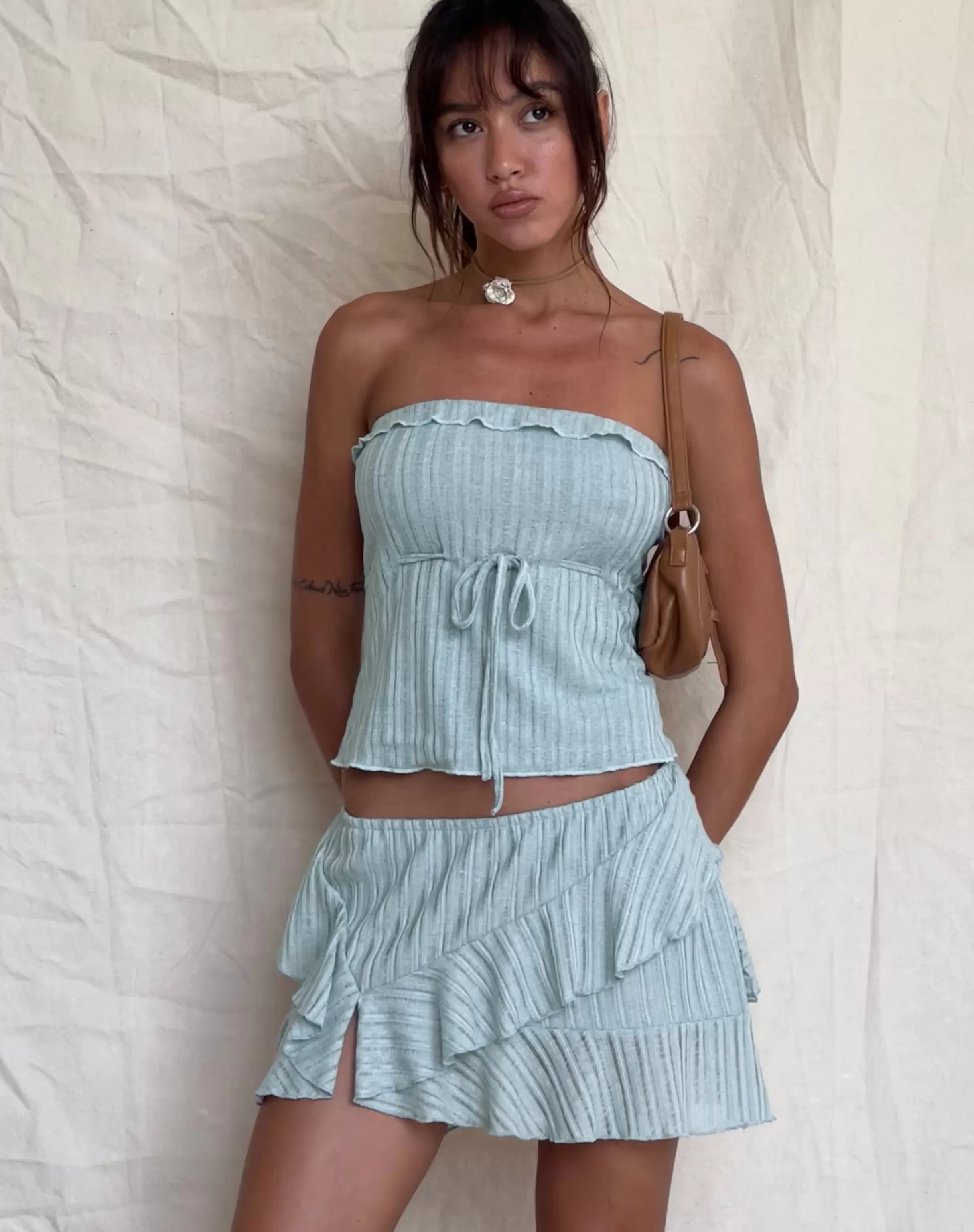 Clearance Ameera Ruffle Trim Bandeau Top In Powder Blue BANDEAU TOPS
