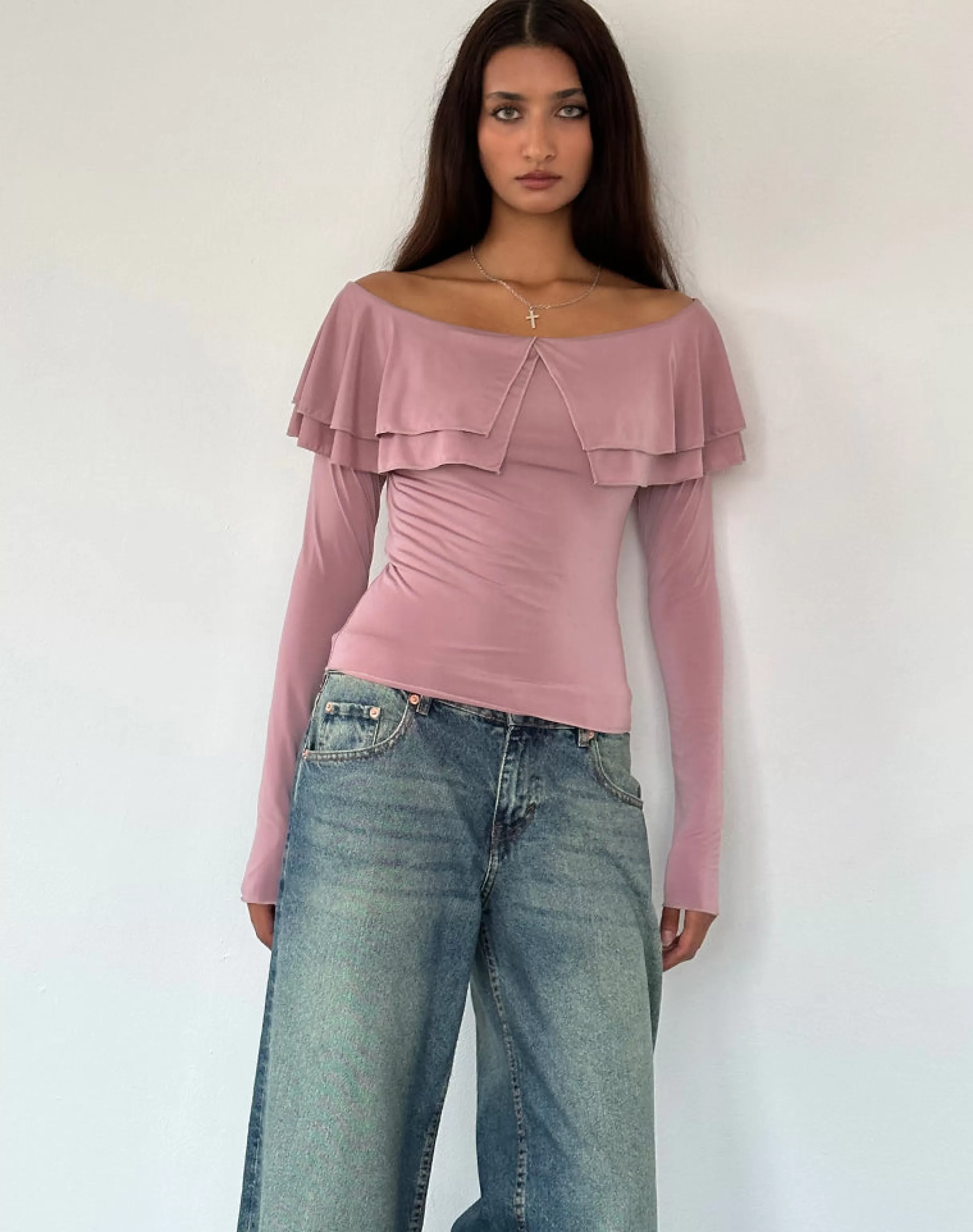 Discount Annia Ruffle Bardot Soft Touch Top In Pink BANDEAU TOPS | LONG SLEEVE TOPS