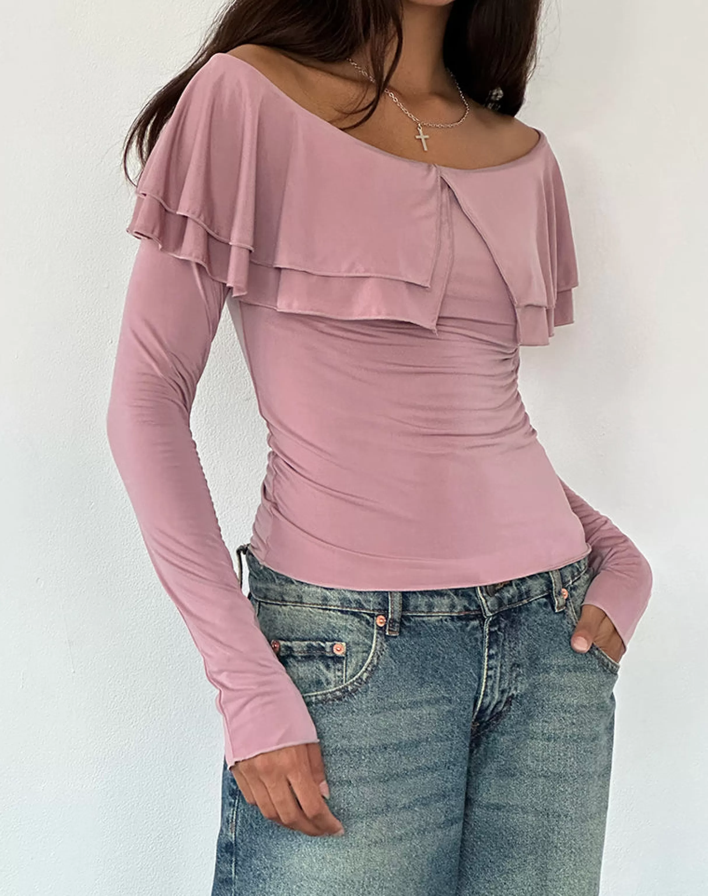 Discount Annia Ruffle Bardot Soft Touch Top In Pink BANDEAU TOPS | LONG SLEEVE TOPS