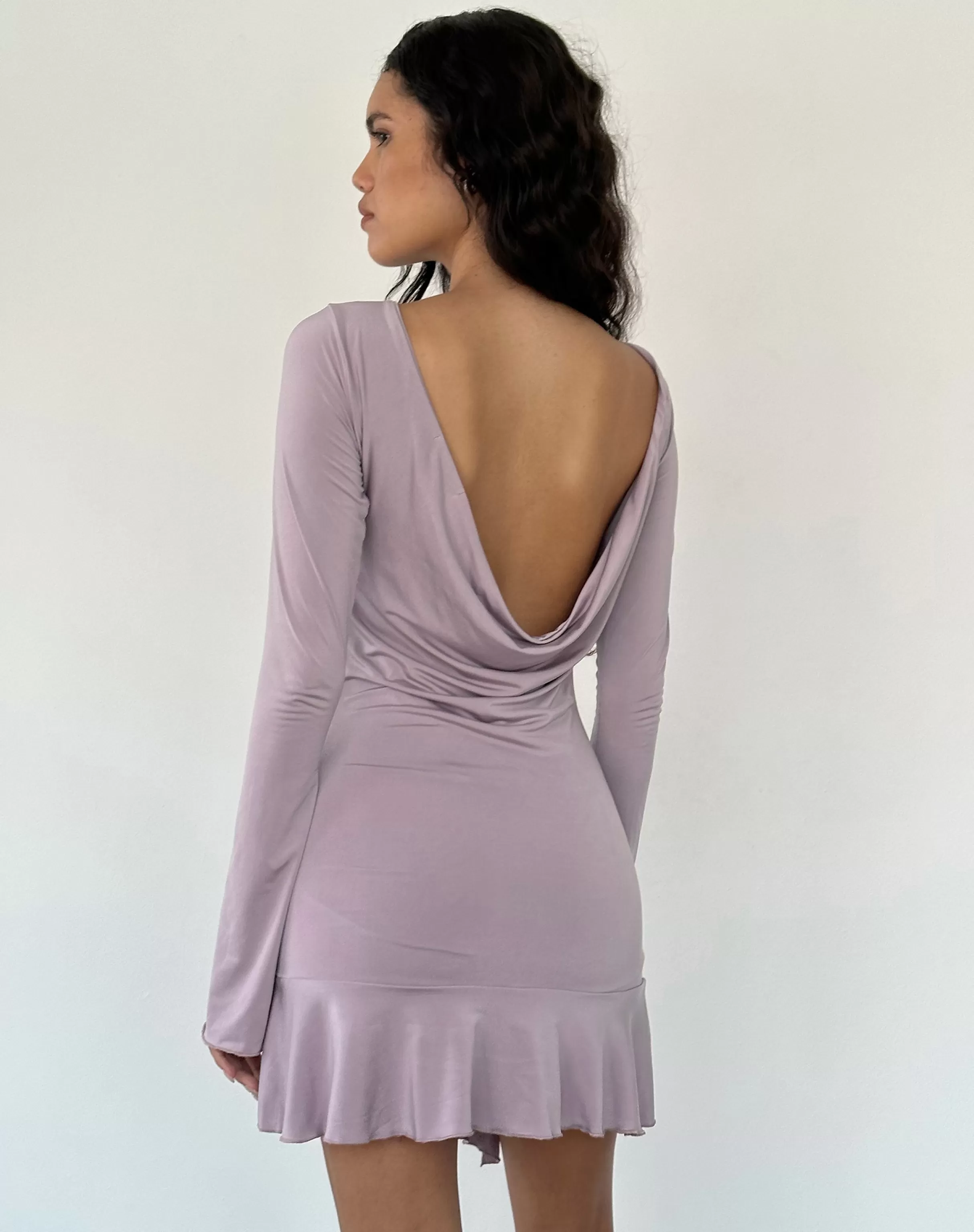New Arwen Backless Ruffle Mini Dress In Slinky Mauve SALE DRESSES | LONG SLEEVE DRESSES