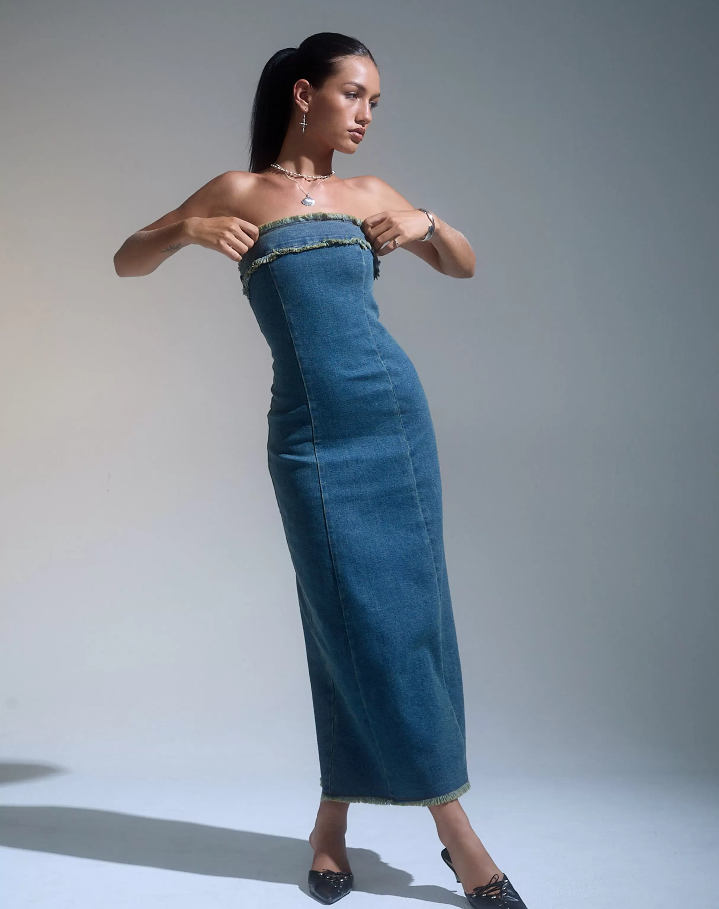 Best Sale Atun Denim Bandeau Maxi Dress In Brown Blue Acid Wash MAXI DRESSES