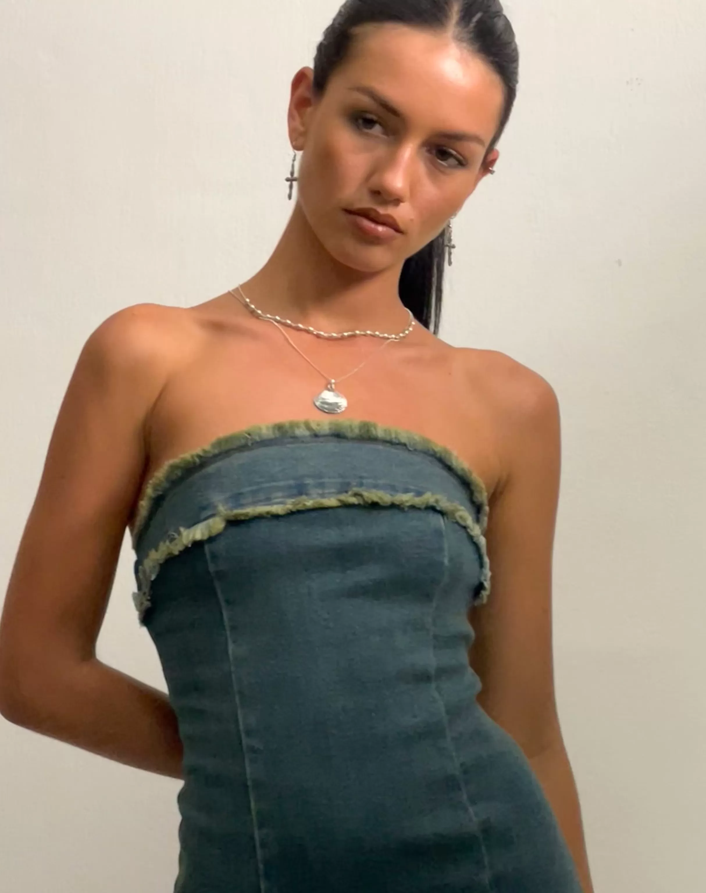 Best Sale Atun Denim Bandeau Maxi Dress In Brown Blue Acid Wash MAXI DRESSES