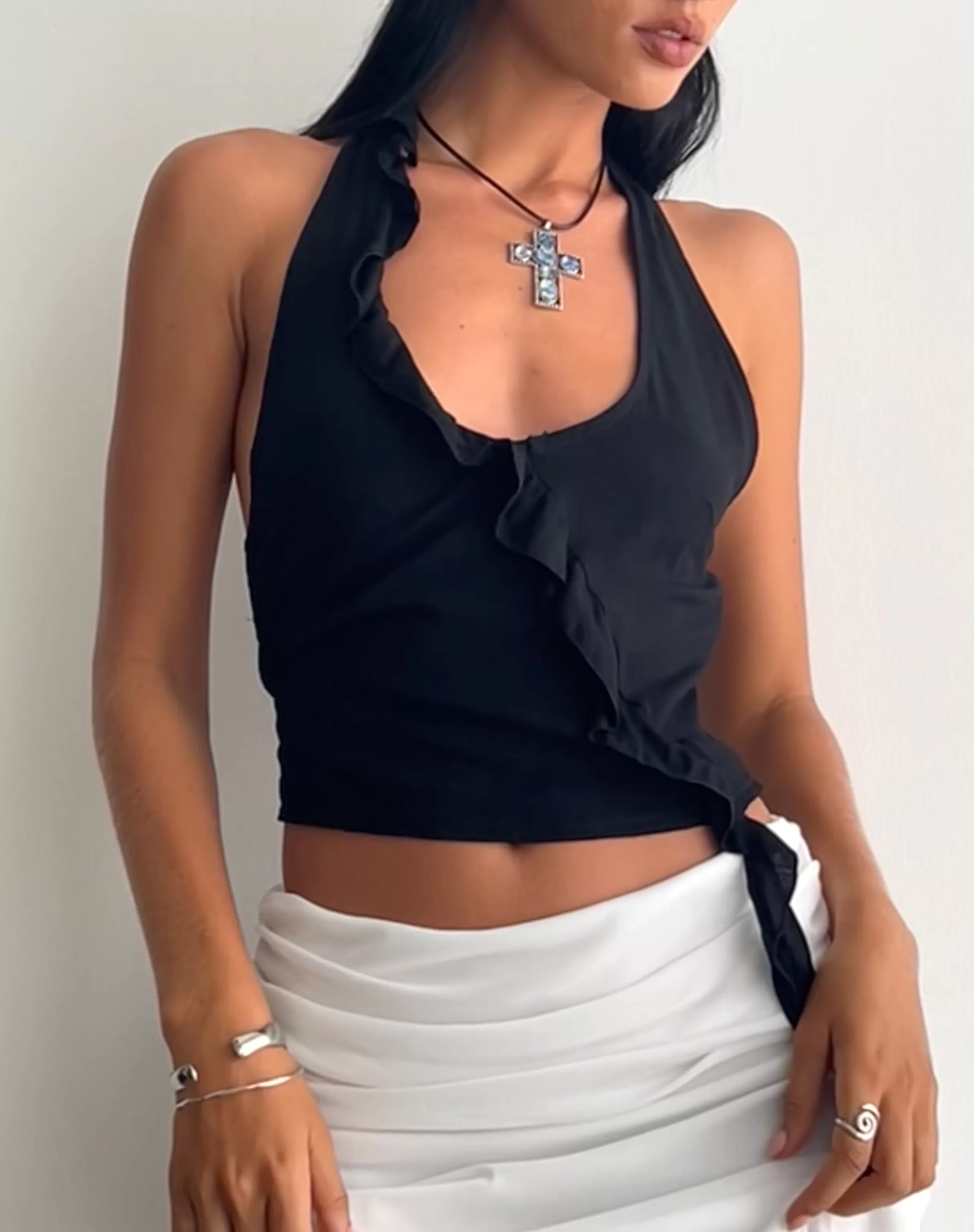 Sale Aysu Ruffle Detail Halterneck Top In Black SALE TOPS | HALTERNECK TOPS