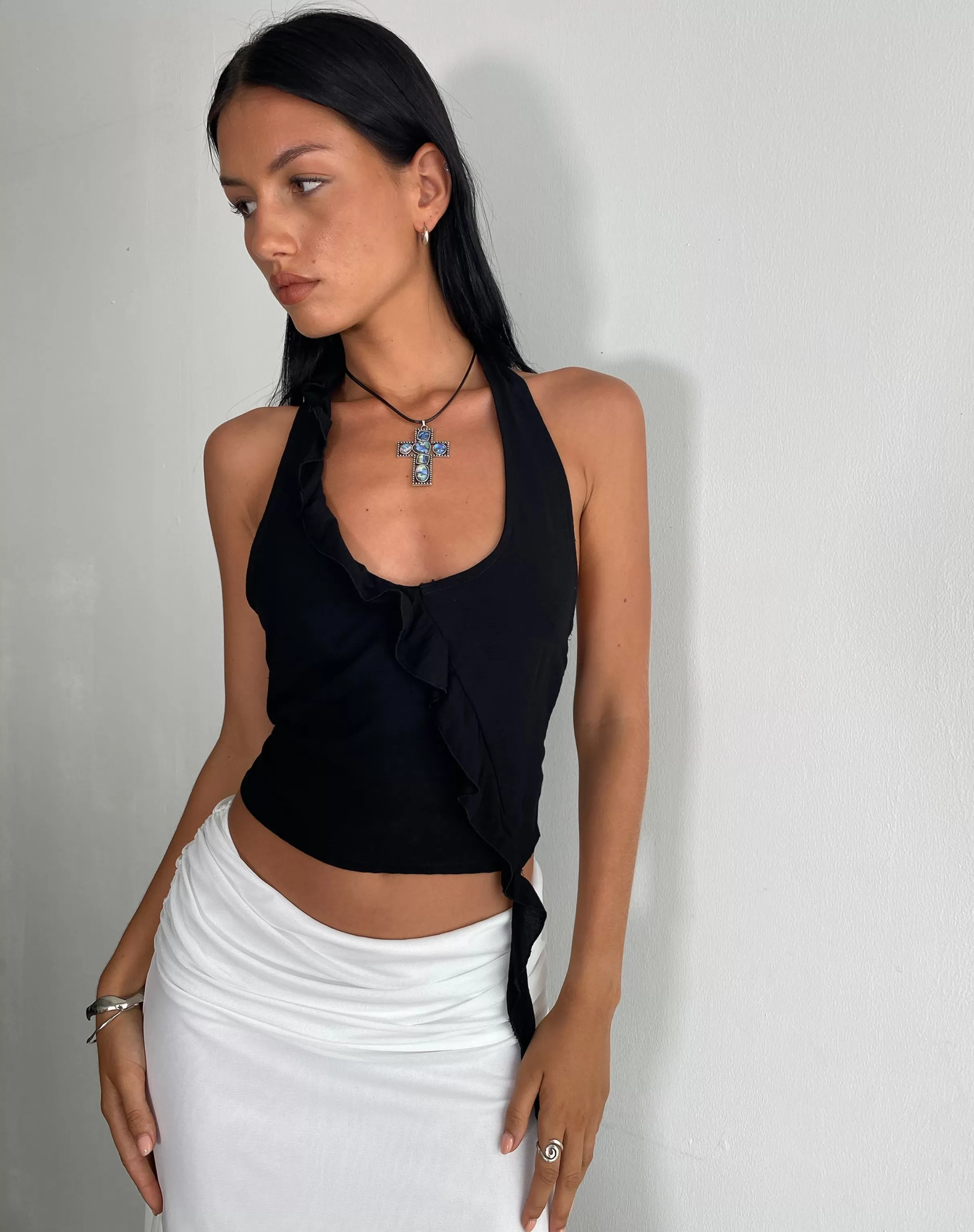 Sale Aysu Ruffle Detail Halterneck Top In Black SALE TOPS | HALTERNECK TOPS