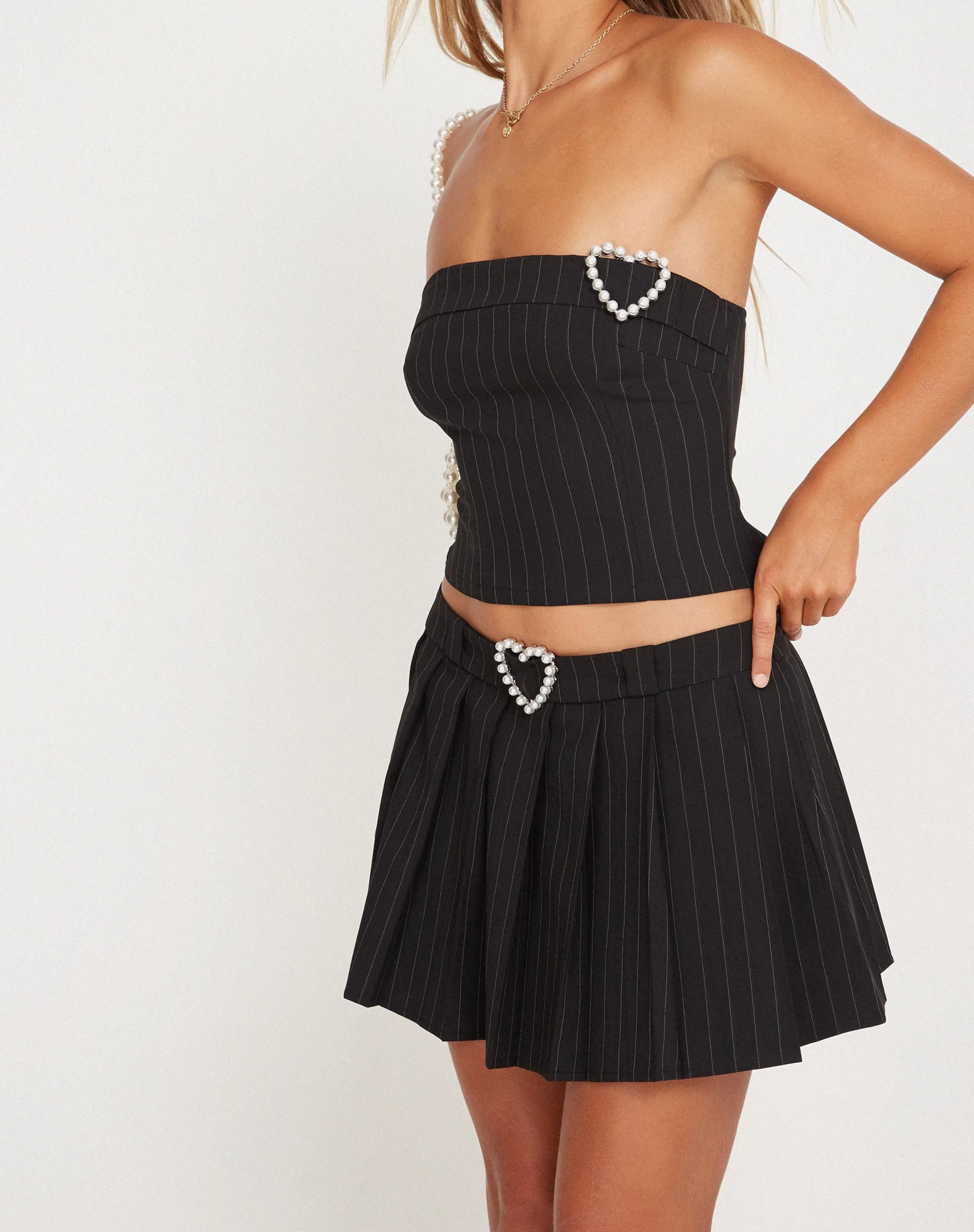 Outlet Ayumi Pleated Mini Skirt In Black Pinstripe With Heart Buckle SALE SKIRTS