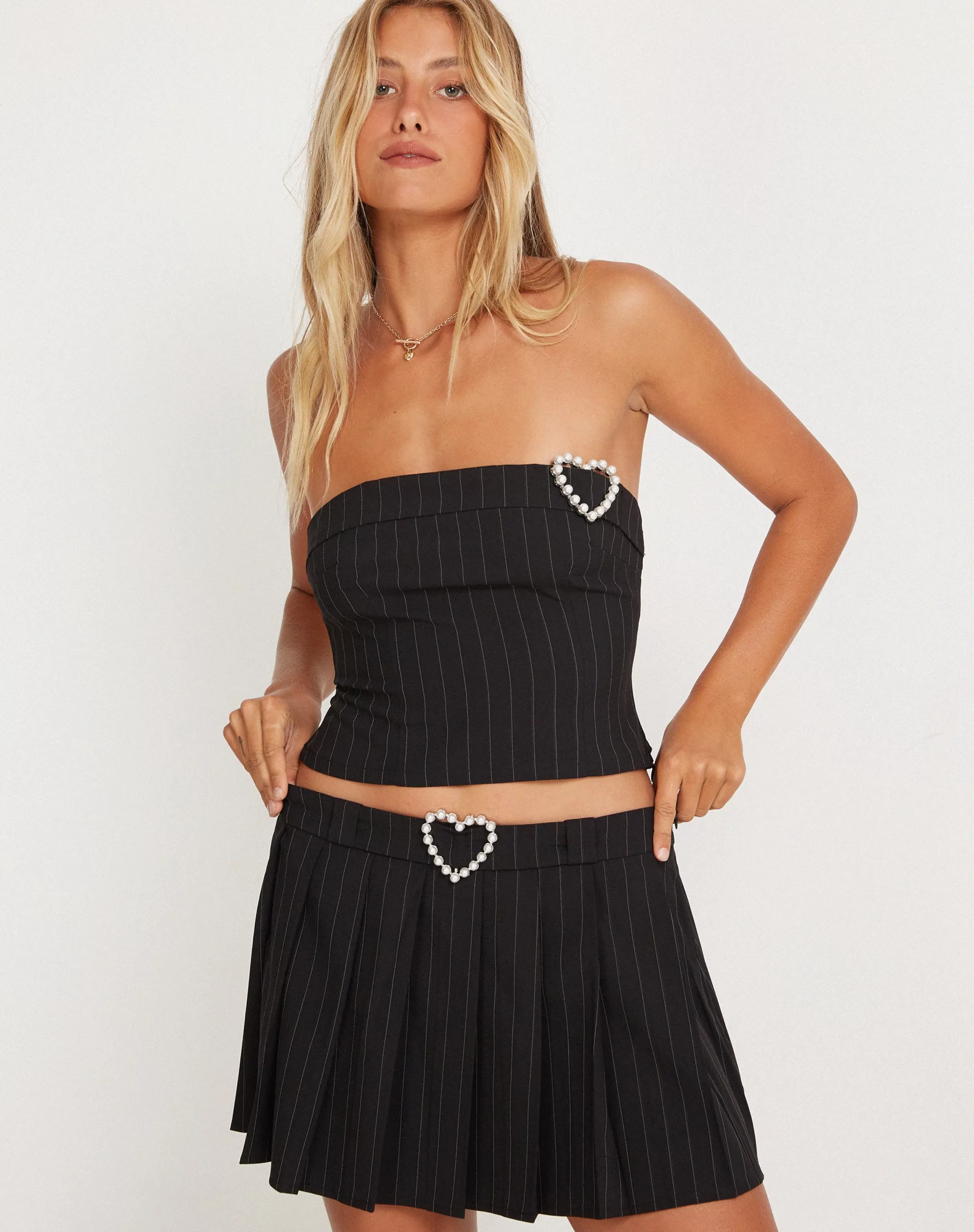 Outlet Ayumi Pleated Mini Skirt In Black Pinstripe With Heart Buckle SALE SKIRTS