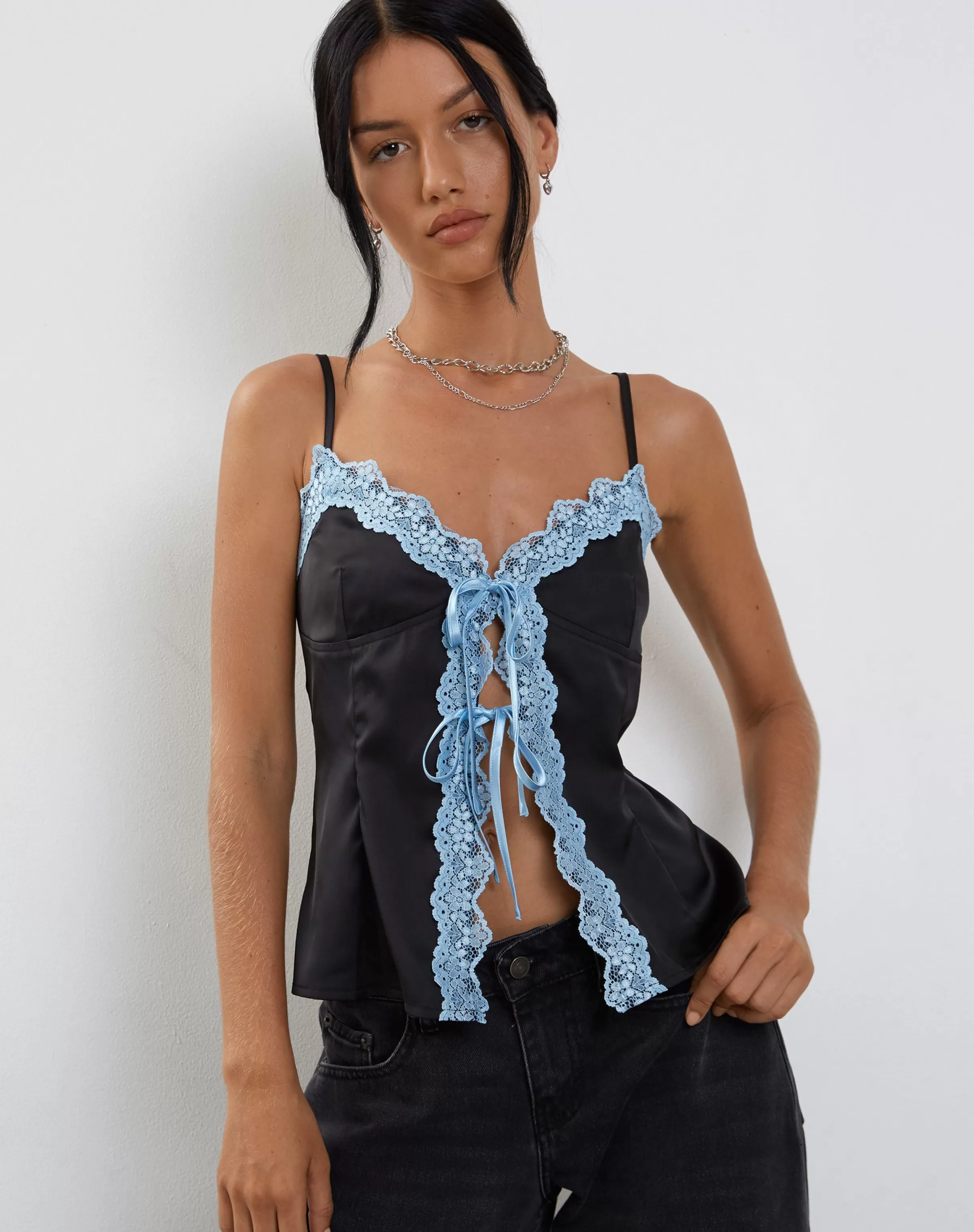 Clearance Bahela Tie Front Cami Top In Black With Blue Lace STRAPPY TOPS | CROP TOPS