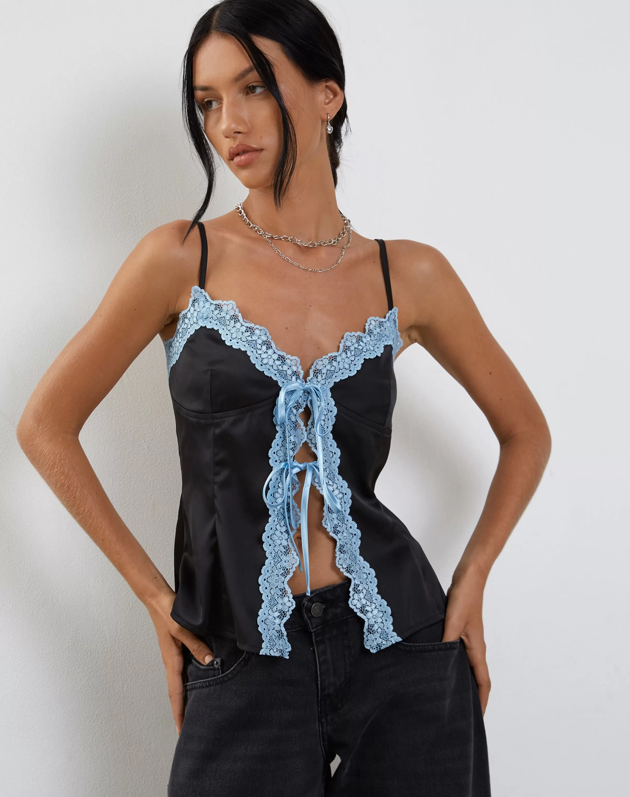 Clearance Bahela Tie Front Cami Top In Black With Blue Lace STRAPPY TOPS | CROP TOPS
