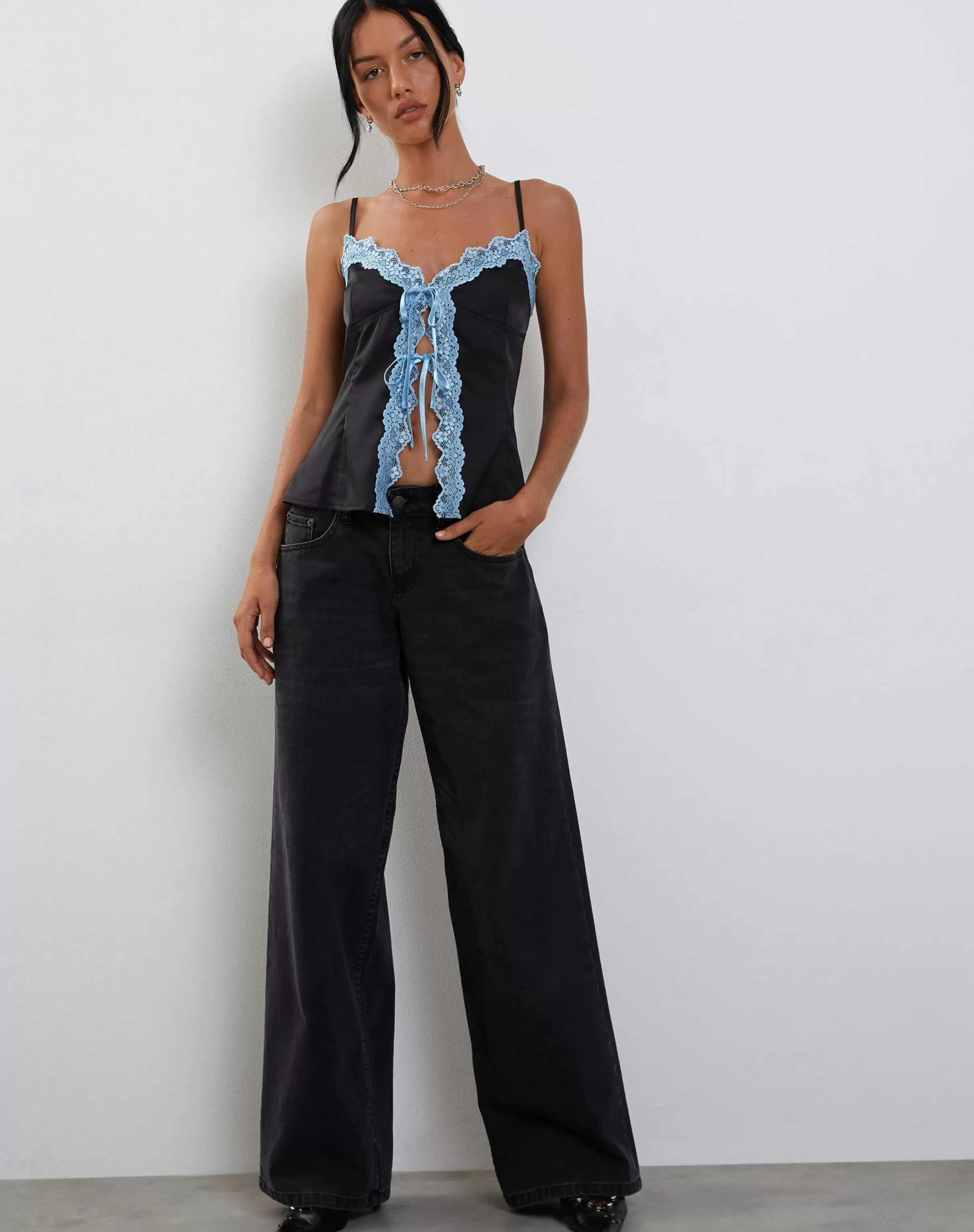 Clearance Bahela Tie Front Cami Top In Black With Blue Lace STRAPPY TOPS | CROP TOPS