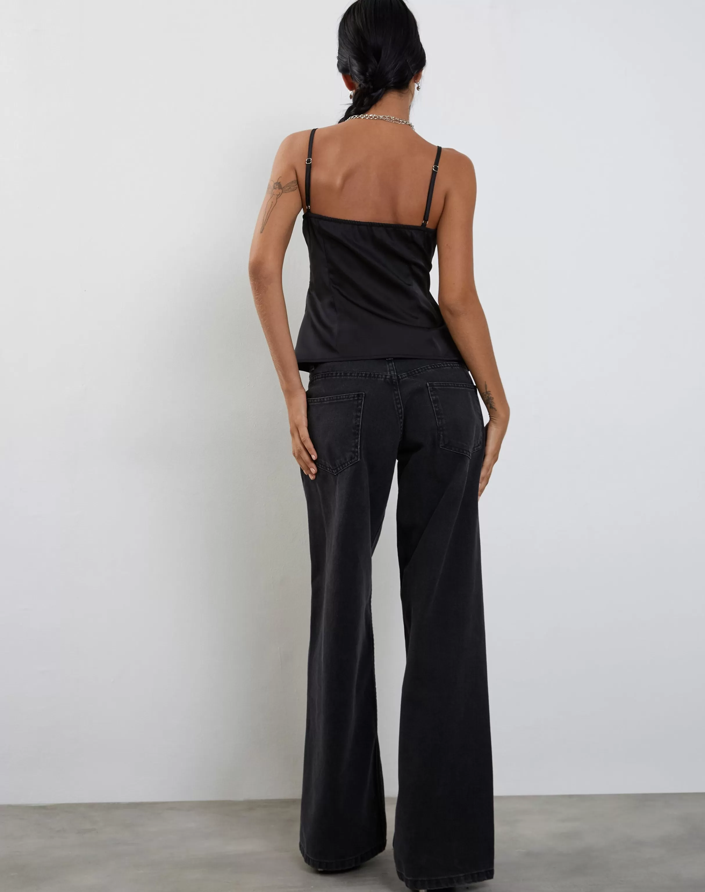Clearance Bahela Tie Front Cami Top In Black With Blue Lace STRAPPY TOPS | CROP TOPS