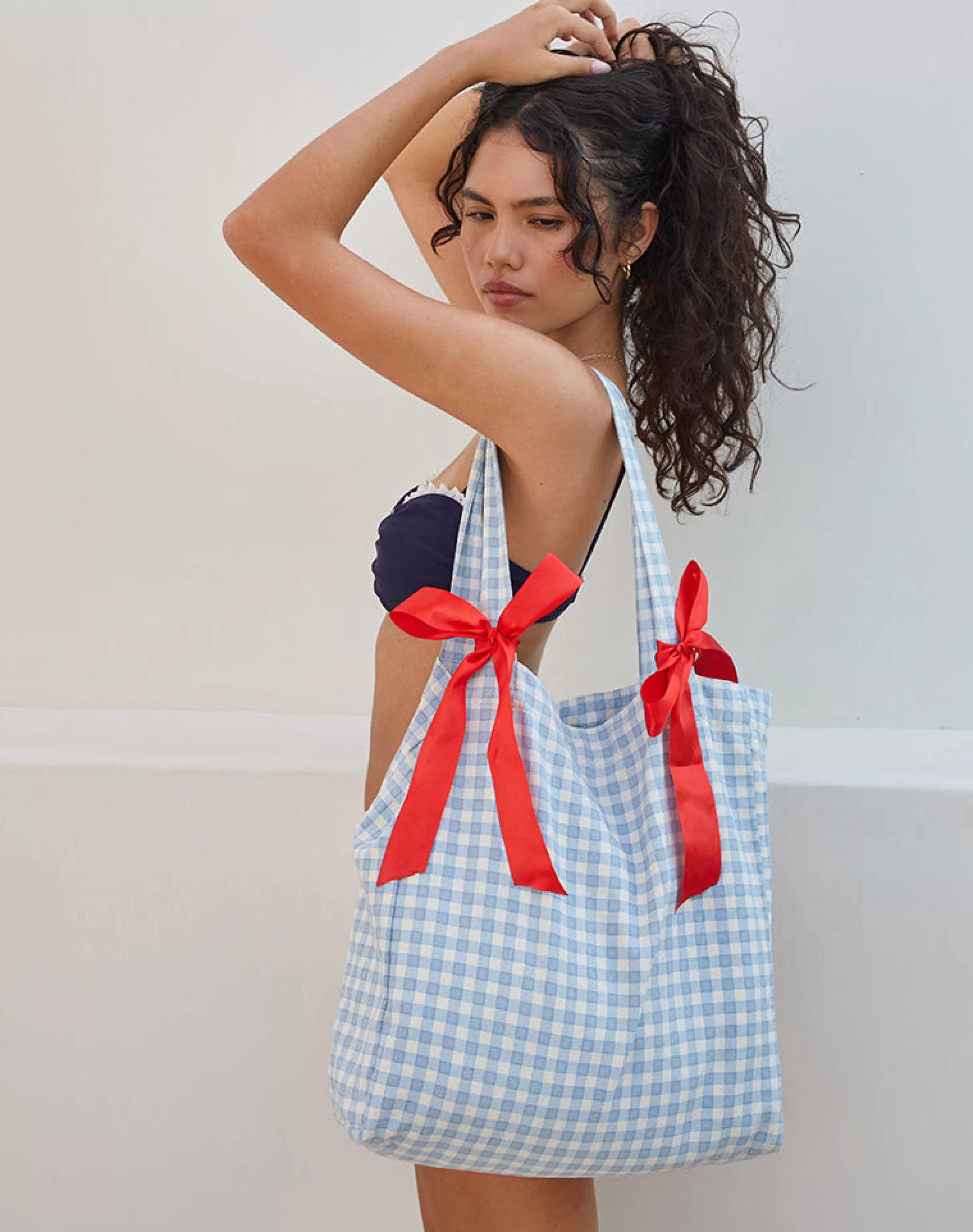 Shop Barbara Tote Bag In Blue Gingham With Red Bow ACCESSORIES | SWIMWEAR