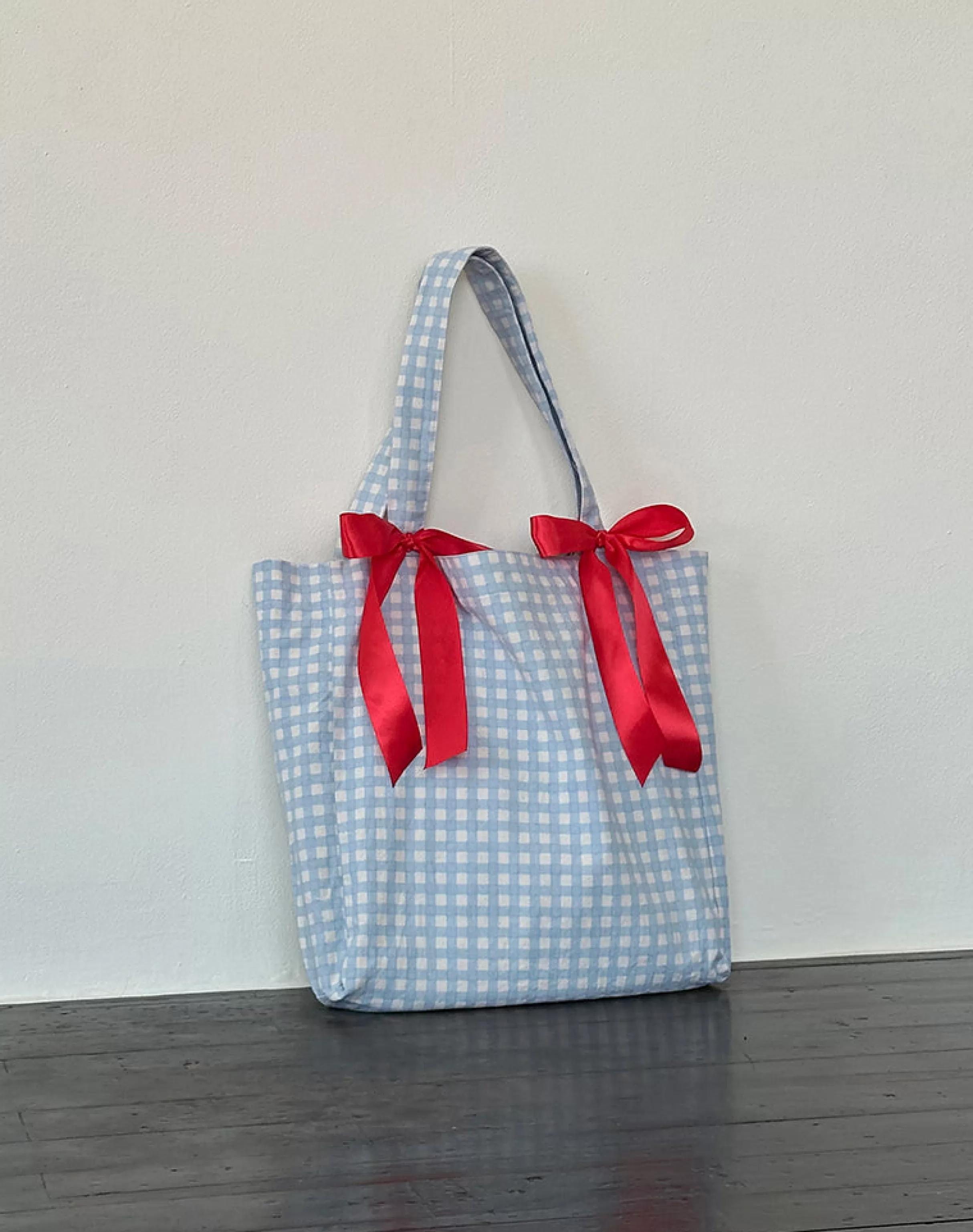 Shop Barbara Tote Bag In Blue Gingham With Red Bow ACCESSORIES | SWIMWEAR
