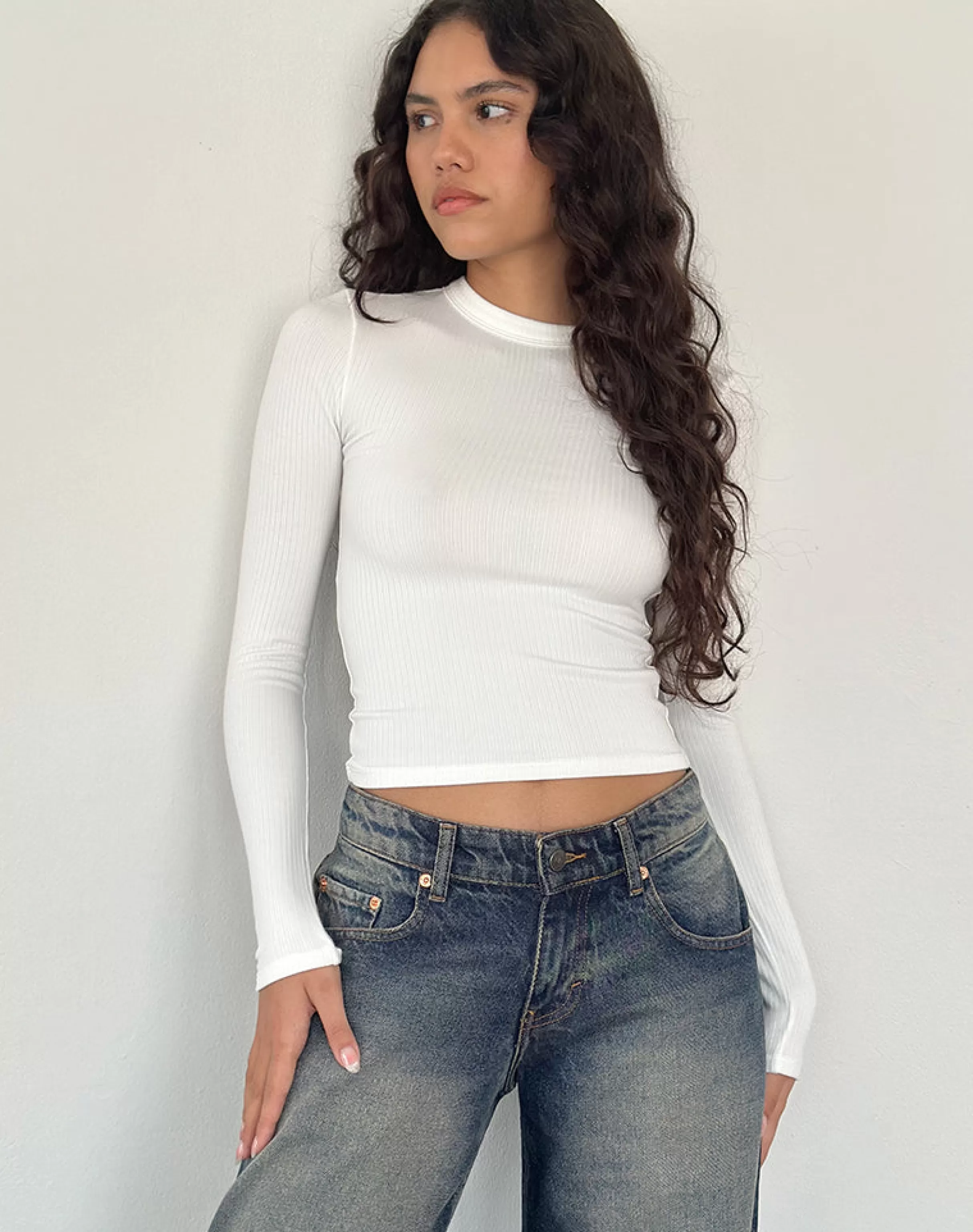 Clearance Beech Ribbed Long Sleeve Top In Off White BASICS | BASIC TOPS