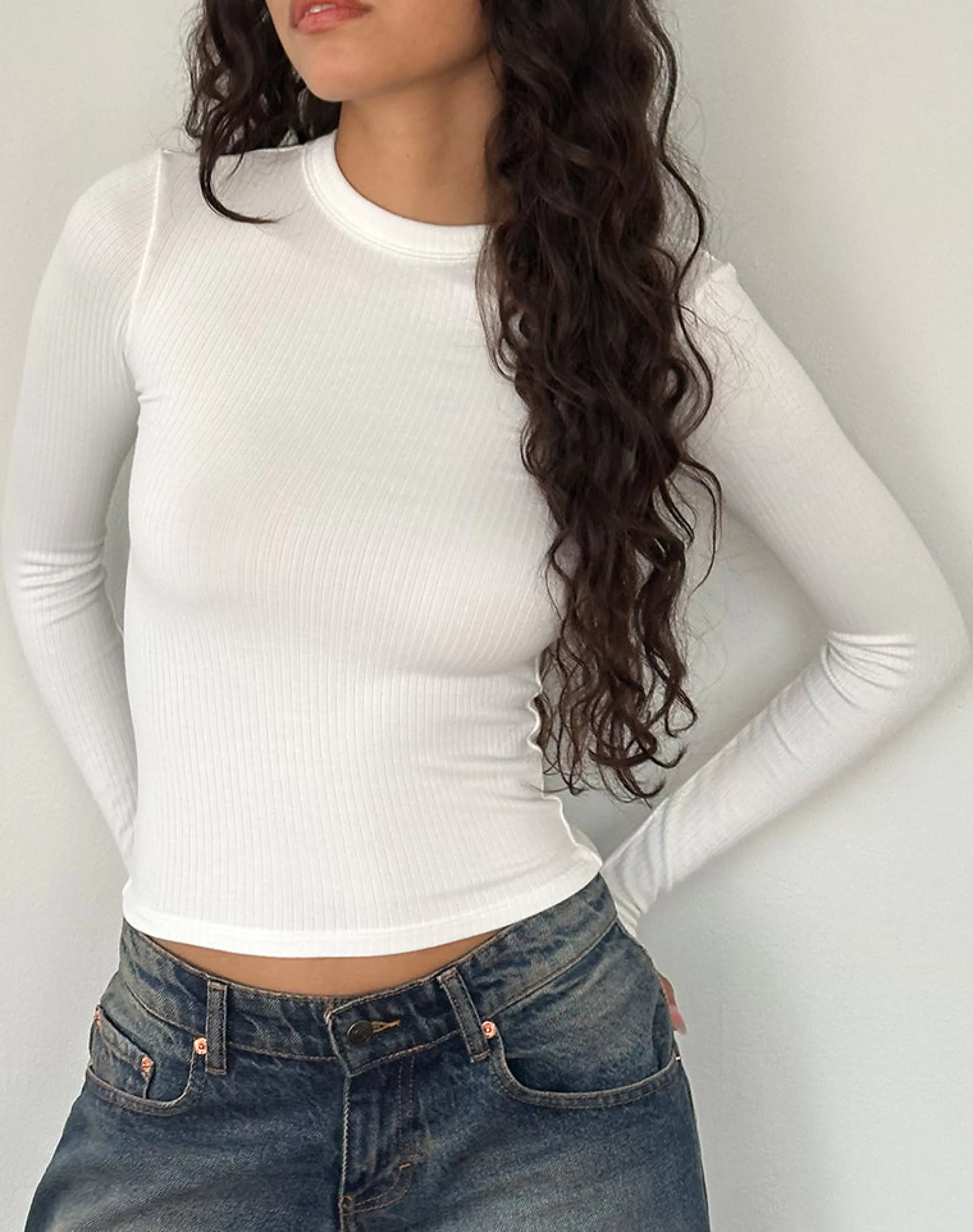 Clearance Beech Ribbed Long Sleeve Top In Off White BASICS | BASIC TOPS