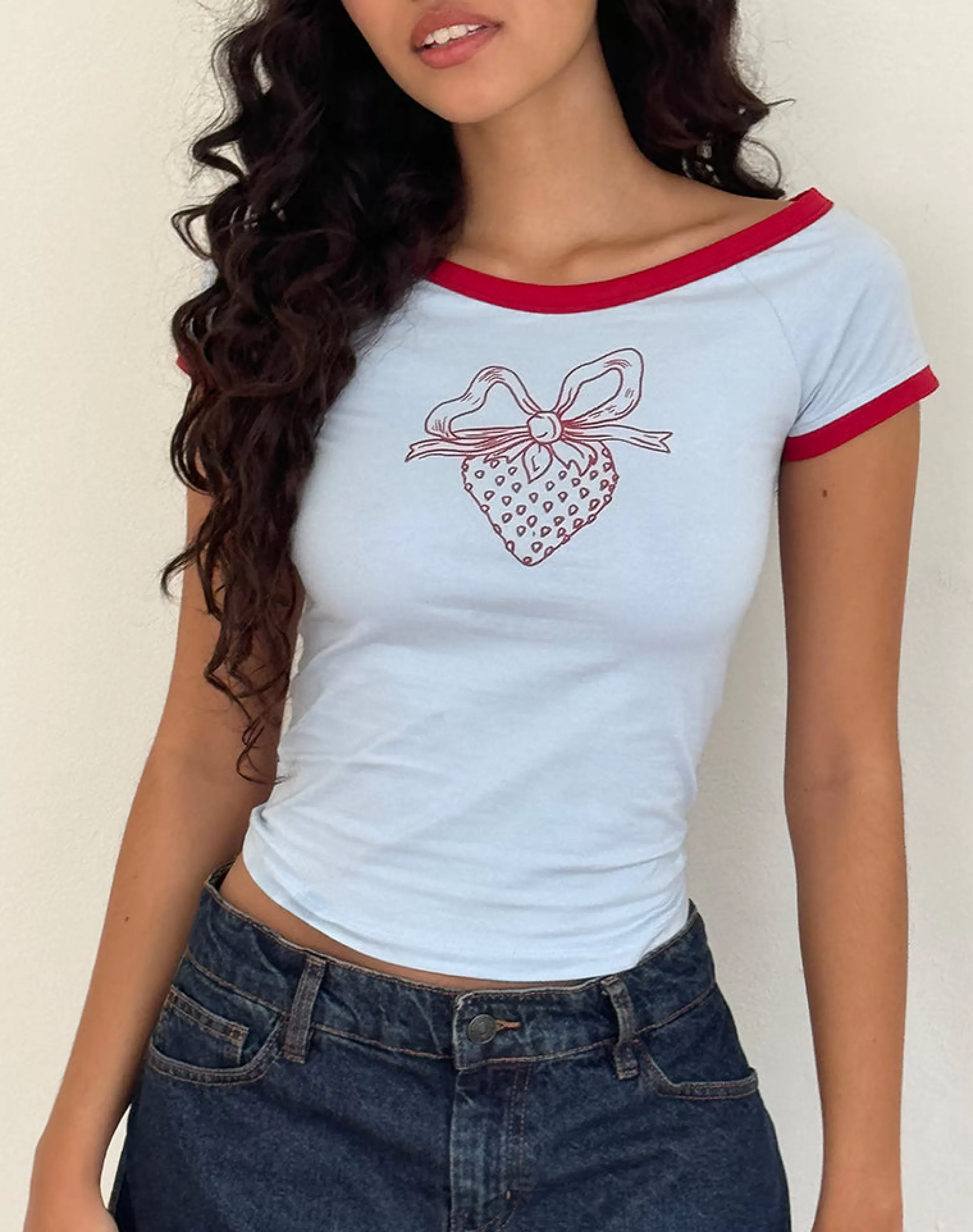 Clearance Bitha Top In Powder Blue With Adrenaline Red Binding And Strawberry Bow Print SWEET AS PIE | BASIC TOPS