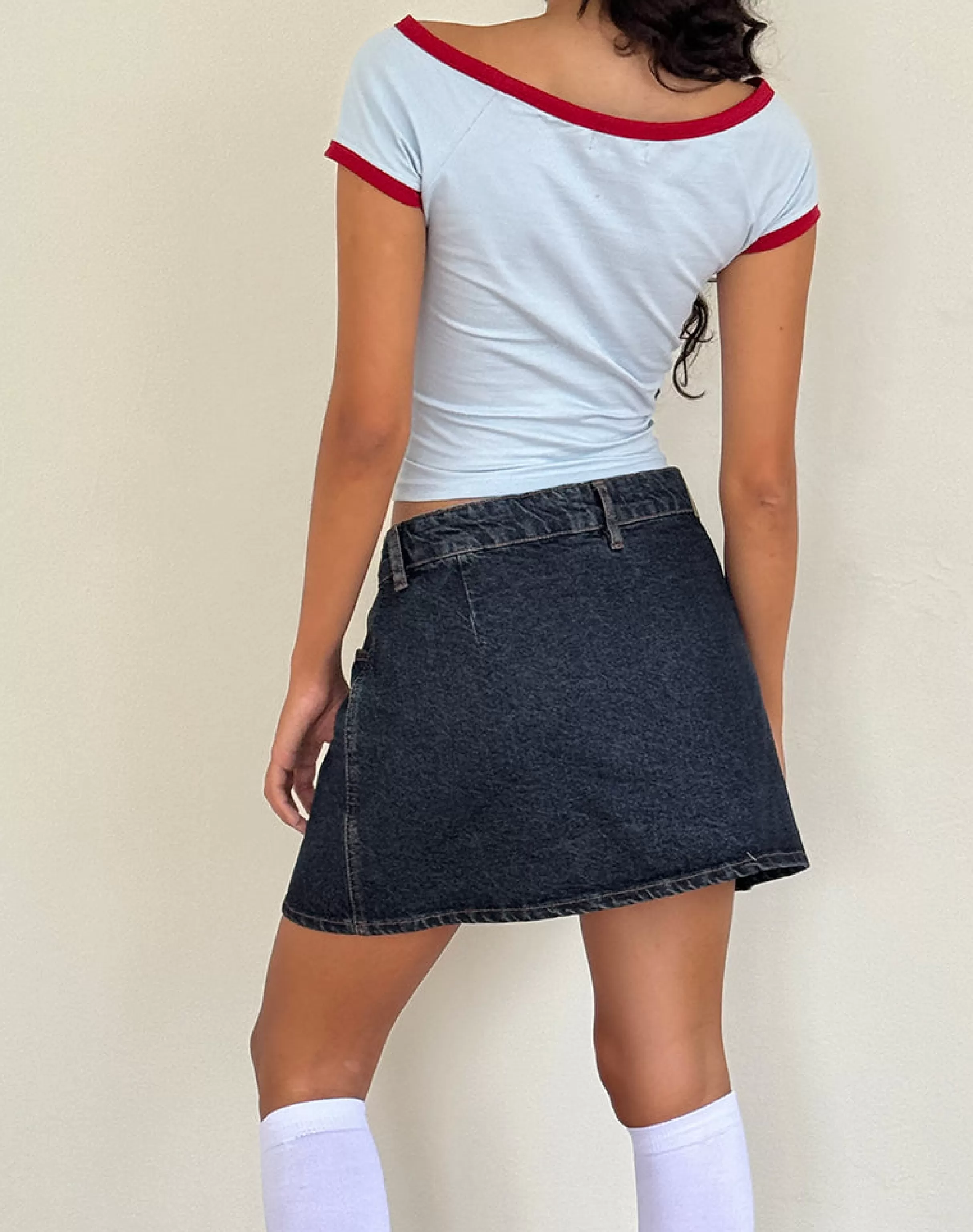 Clearance Bitha Top In Powder Blue With Adrenaline Red Binding And Strawberry Bow Print SWEET AS PIE | BASIC TOPS