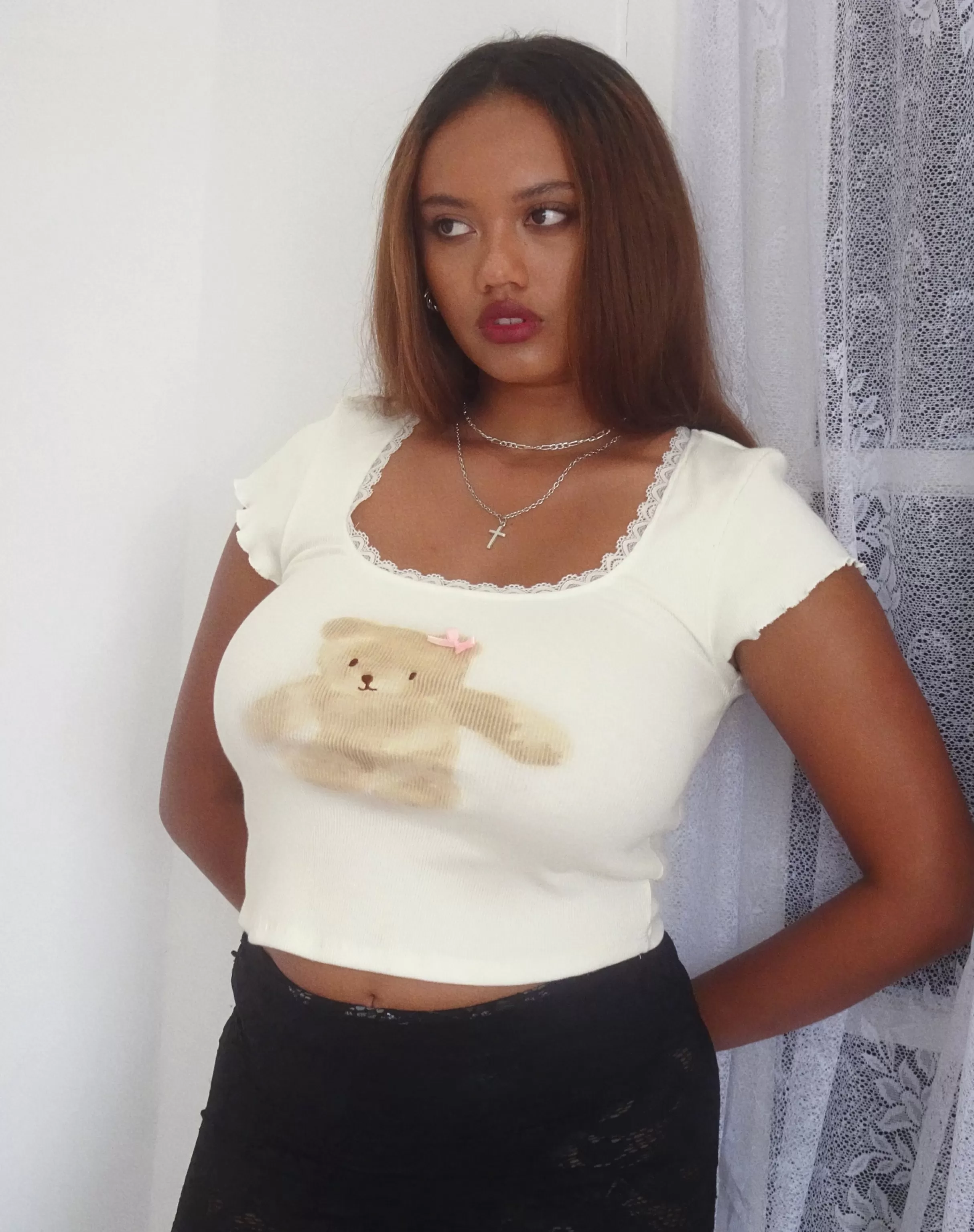 Flash Sale Bovillo Cap Sleeve Top In White Rib With Teddy Motif SALE TOPS | PRINTED TOPS