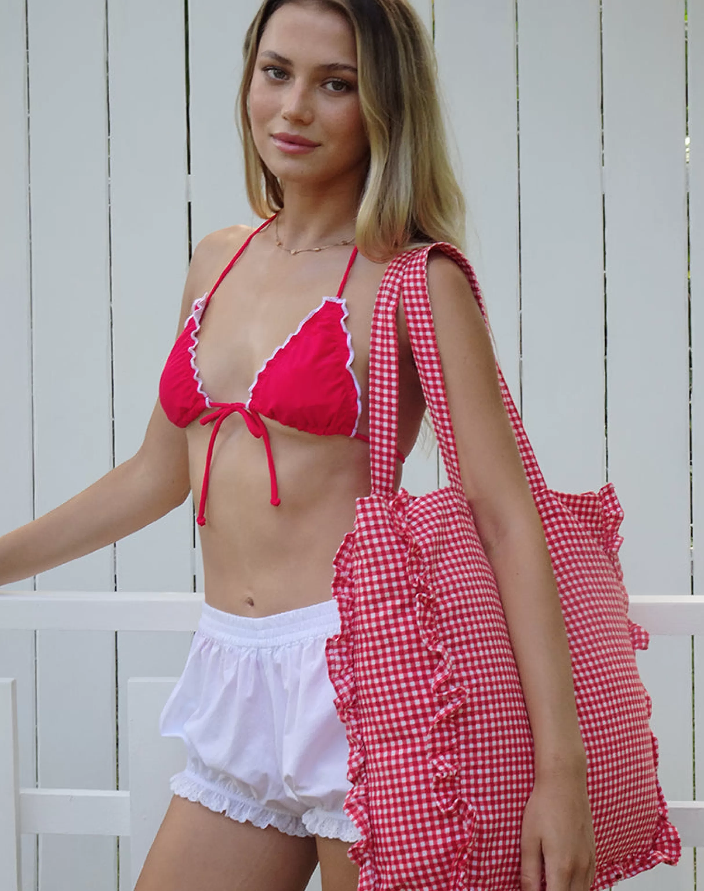 Shop Brie Frill Tote Bag In Red Gingham ACCESSORIES