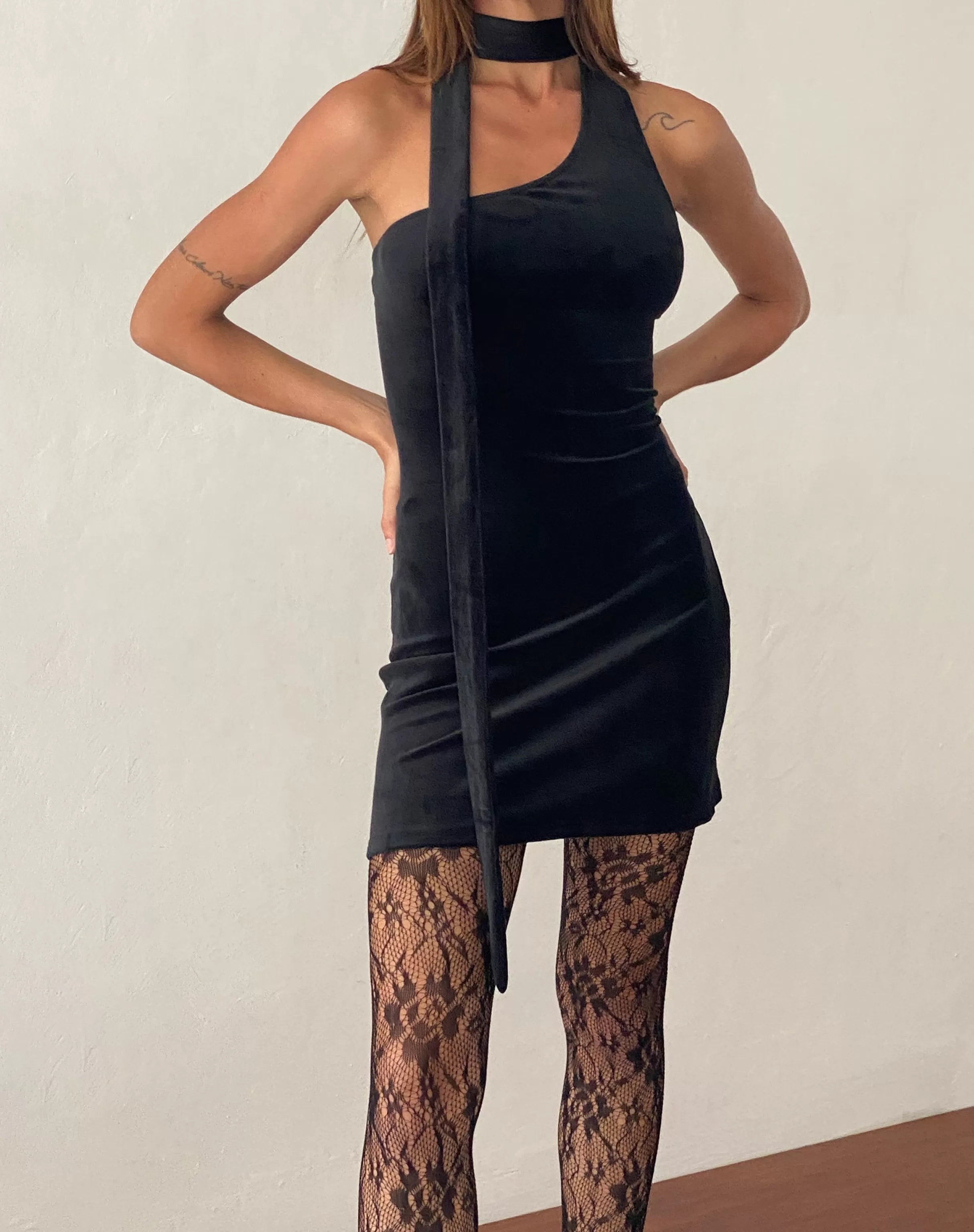Cheap Bripca One Shoulder Neck Tie Mini Dress In Black Velvet BODYCON DRESSES | LITTLE BLACK DRESSES