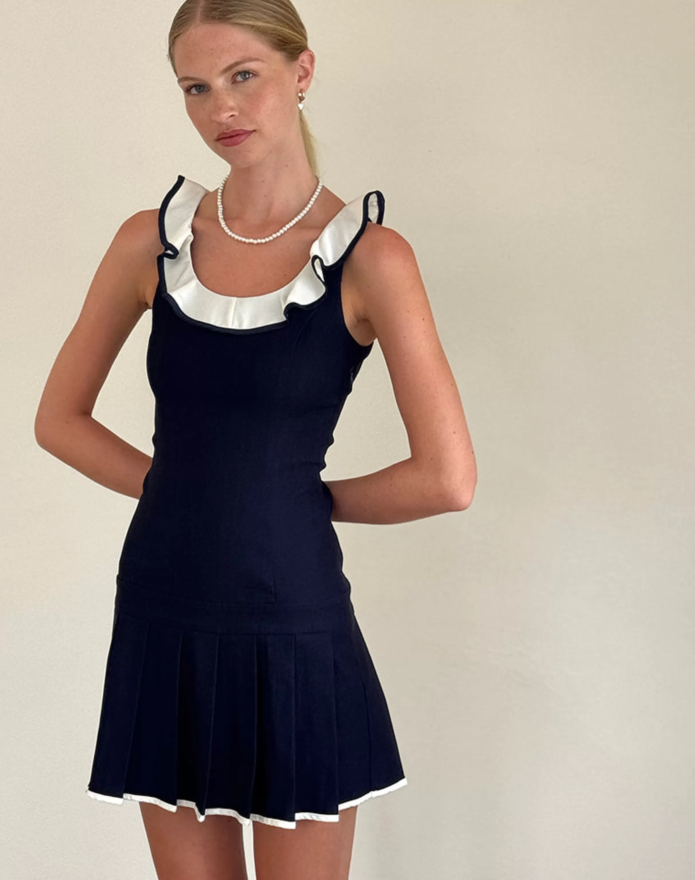 Sale Busari Frill Neck Mini Dress In Navy STRAWBERRY GIRL | DAY DRESSES