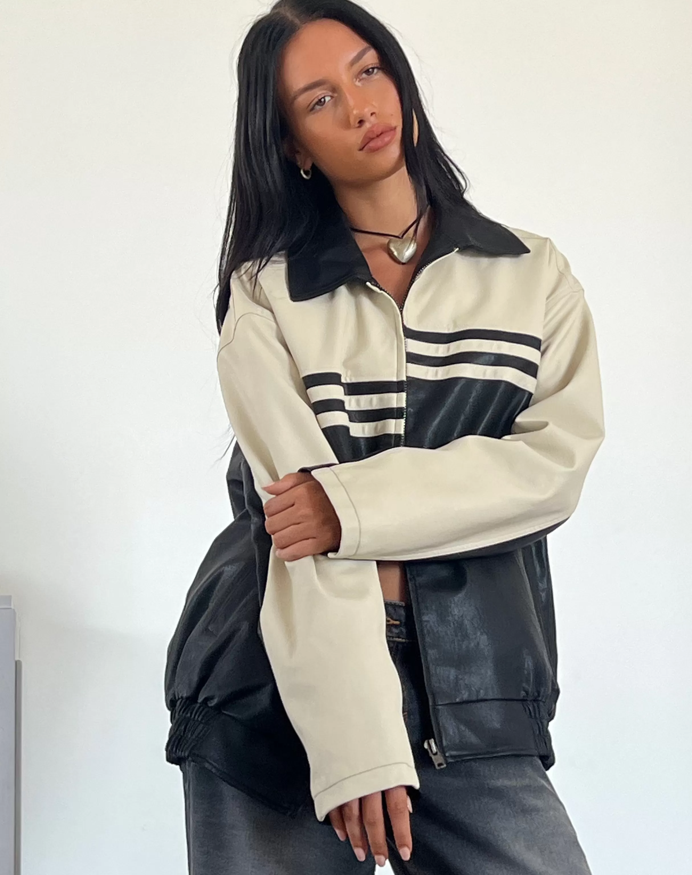 Shop Calista Jacket In PU Black With Ivory JACKETS