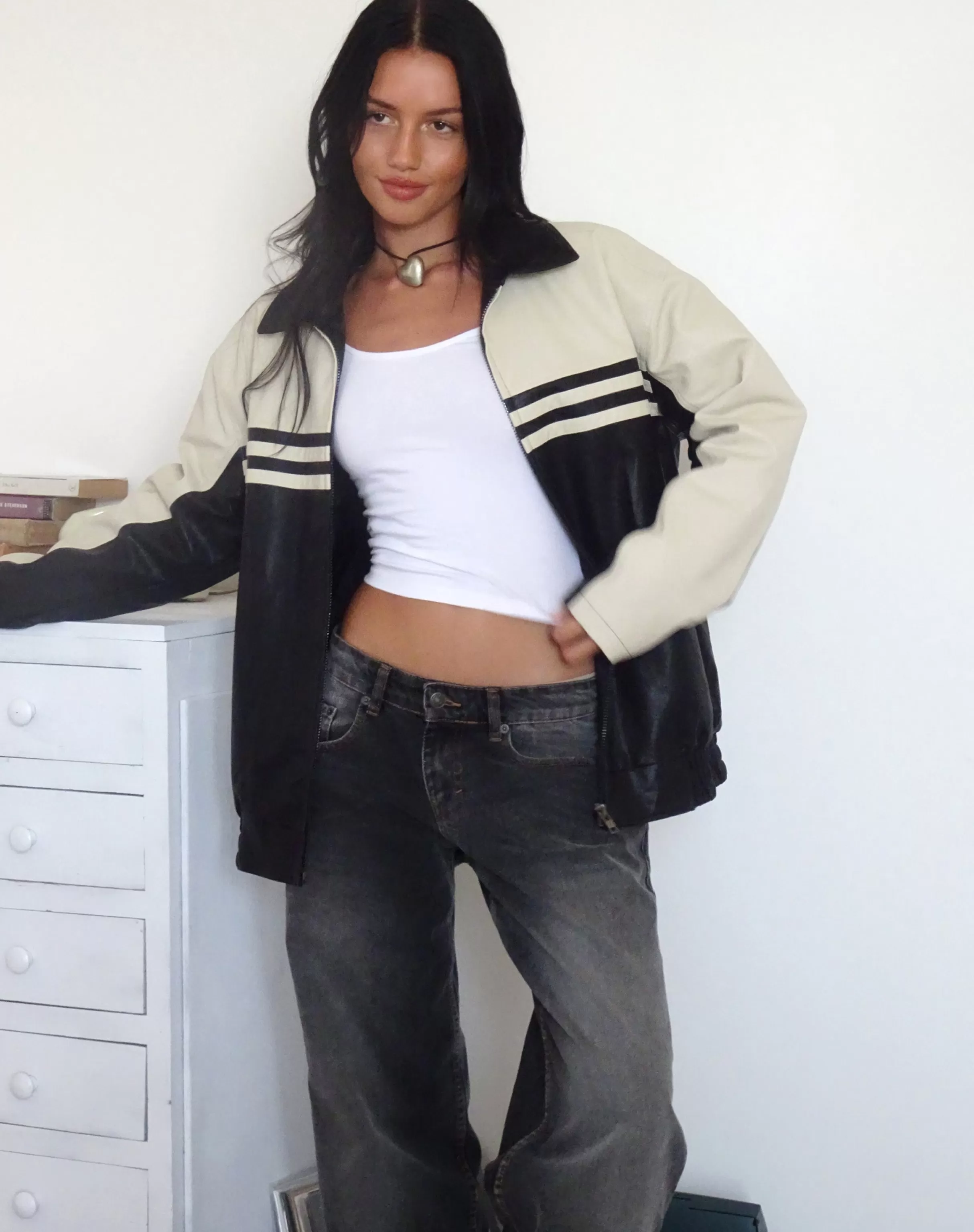 Shop Calista Jacket In PU Black With Ivory JACKETS