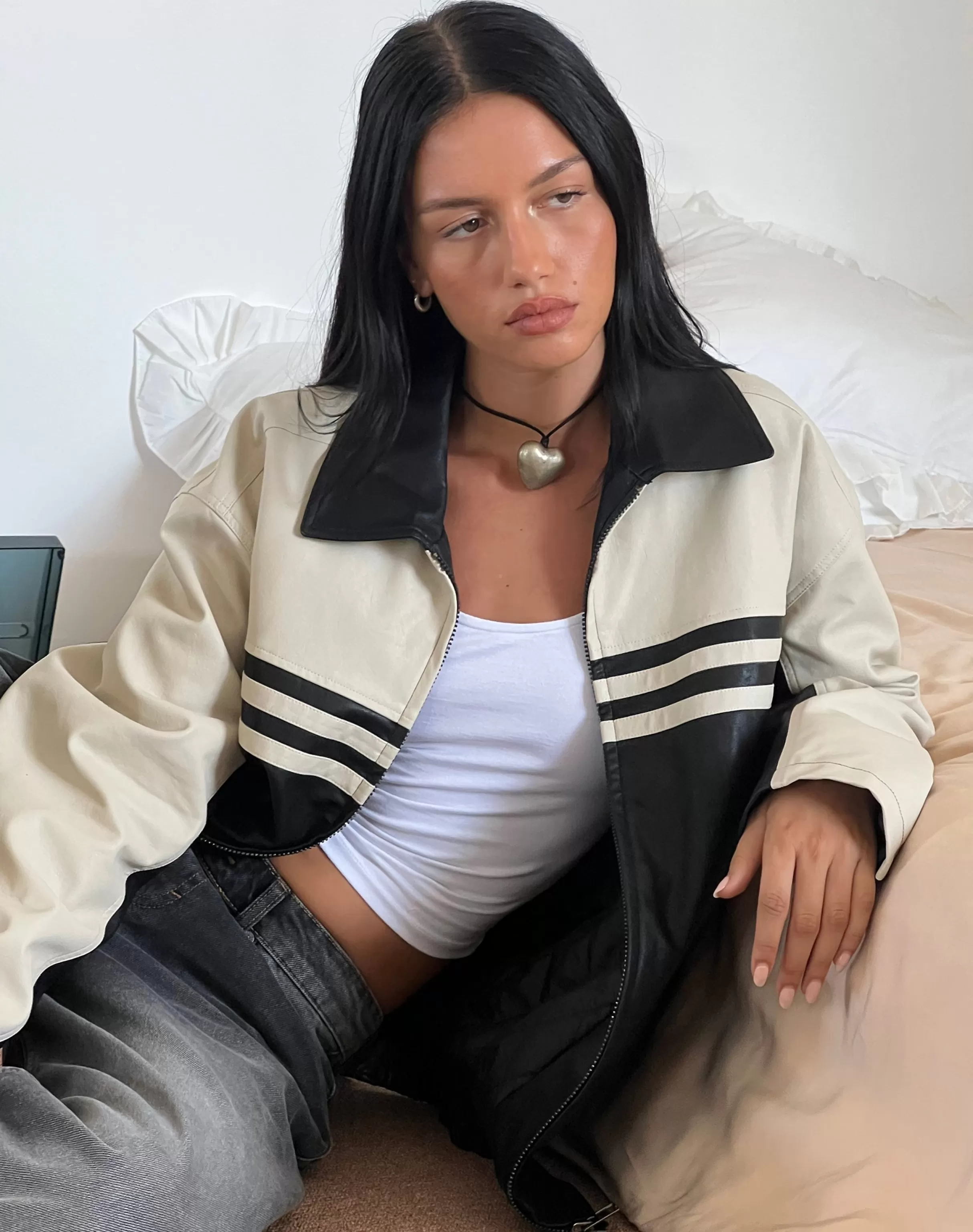 Shop Calista Jacket In PU Black With Ivory JACKETS