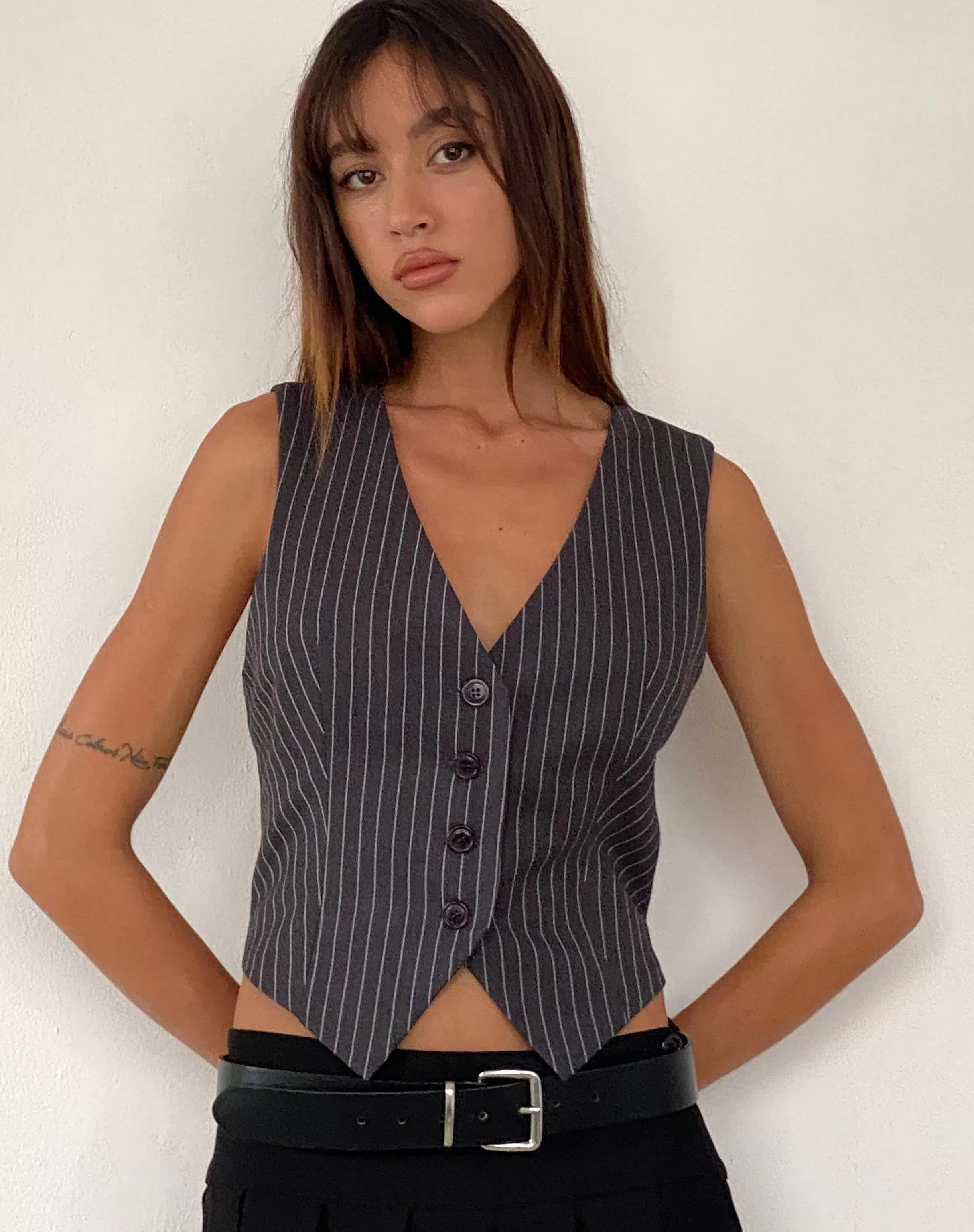 Cheap Canta Tailored Vest Top In Dark Grey Pinstripe TAILORING | VEST TOPS