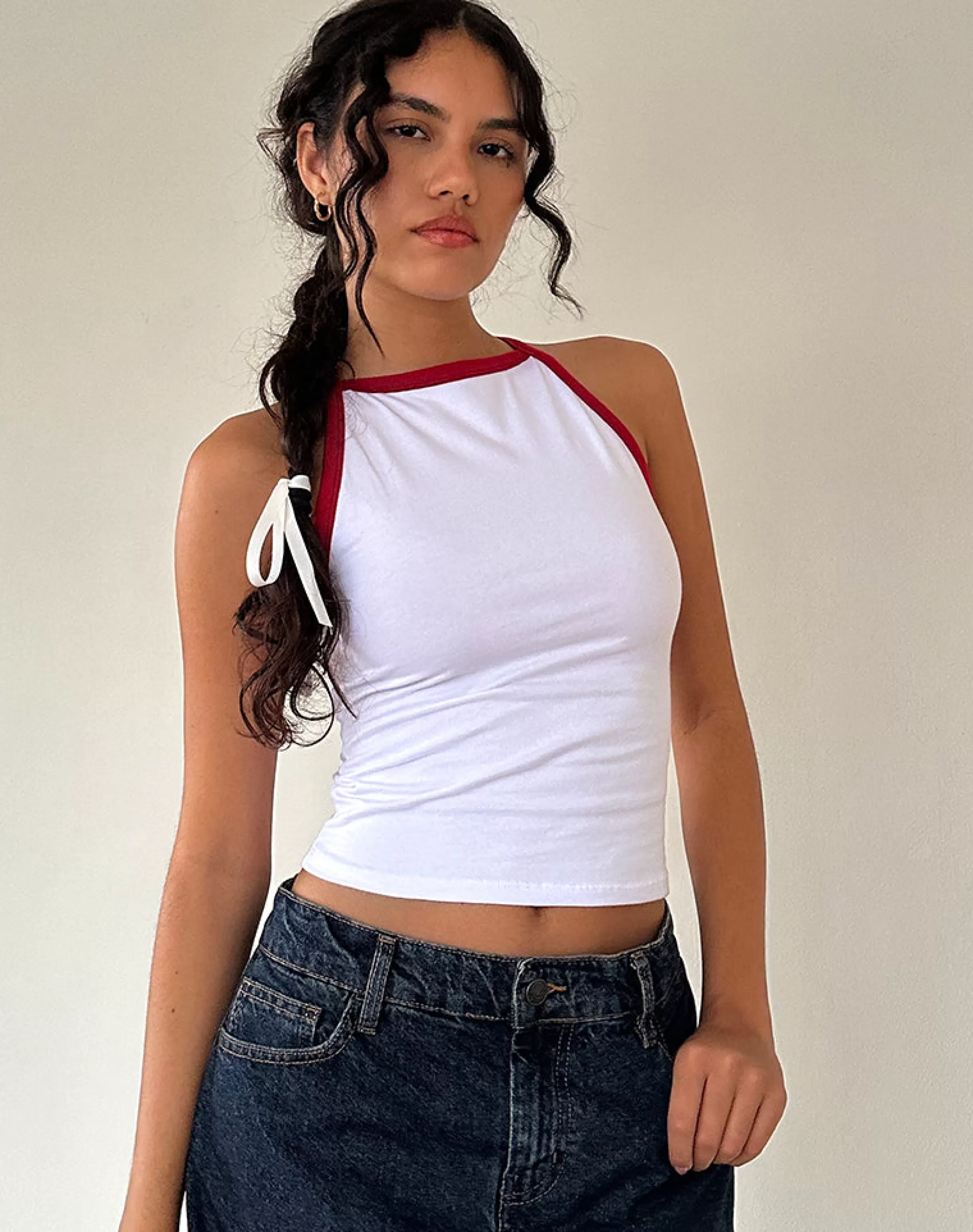 Outlet Carti Vest Top In White With Red Binding STRAWBERRY GIRL | BASIC TOPS