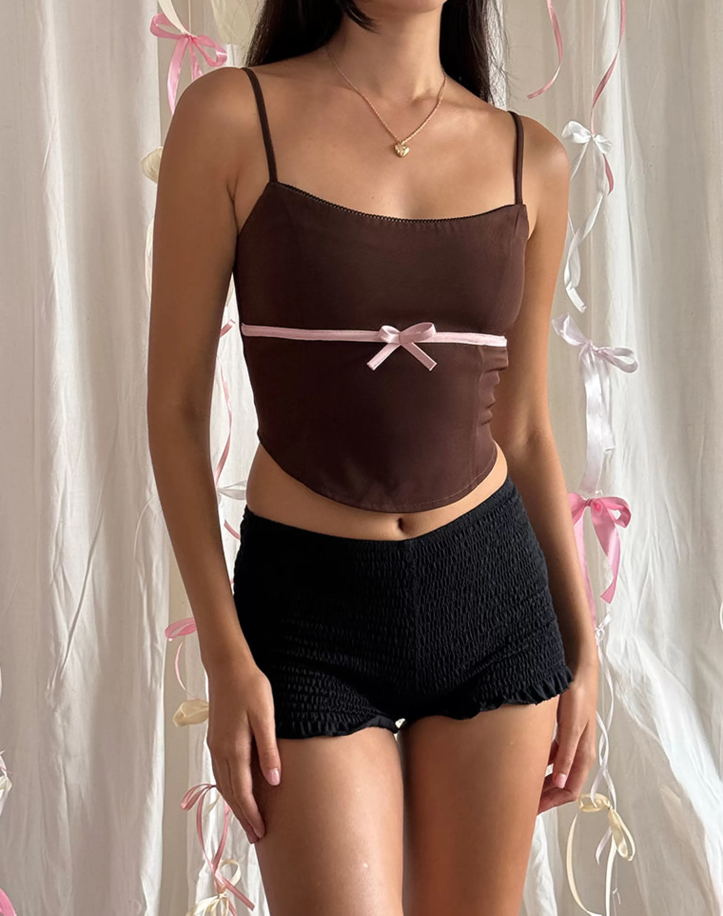 Best Sale Ceisya Corset Top In Bitter Chocolate With Pink Bow STRAWBERRY MILK | GOING OUT TOPS