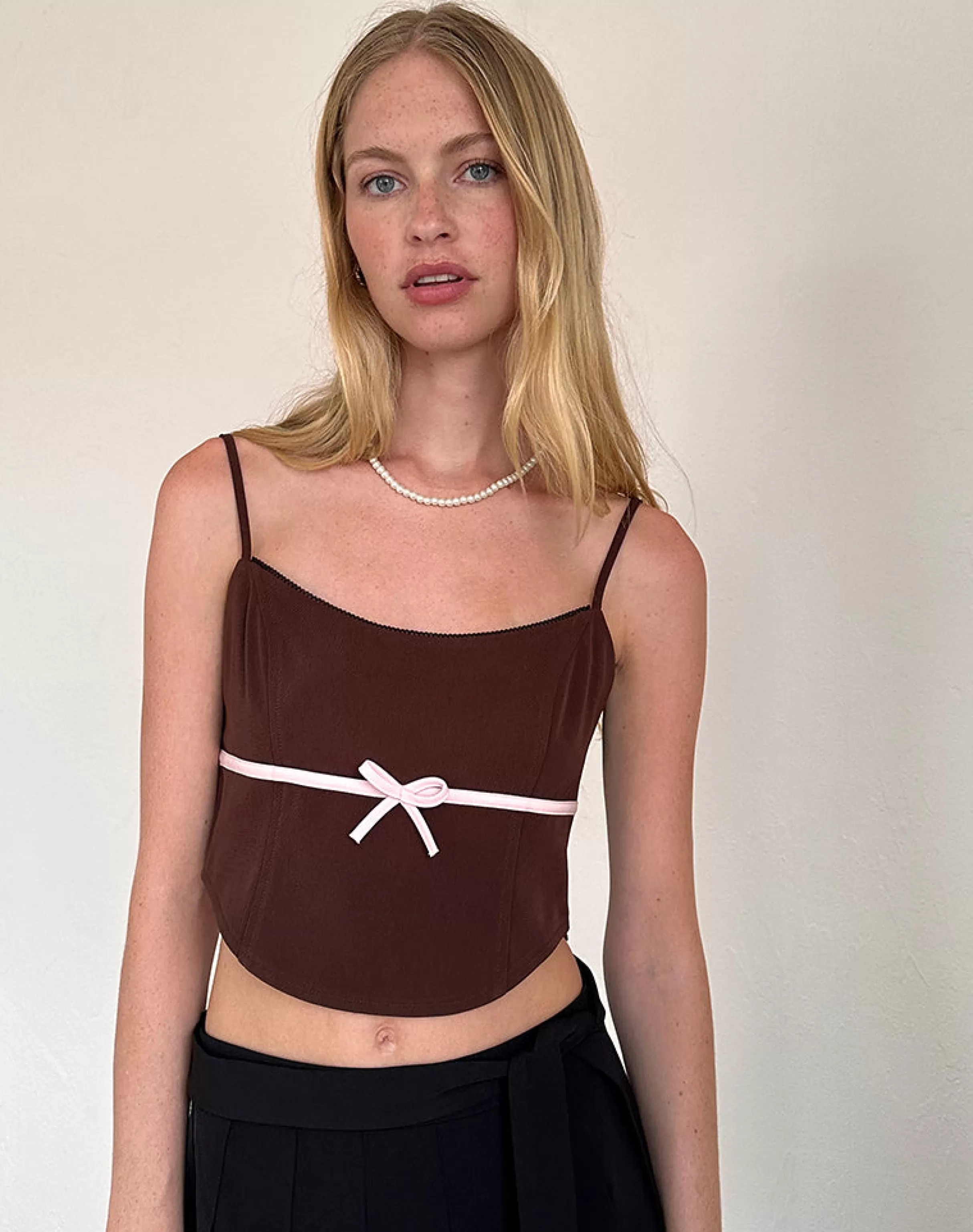 Best Sale Ceisya Corset Top In Bitter Chocolate With Pink Bow STRAWBERRY MILK | GOING OUT TOPS