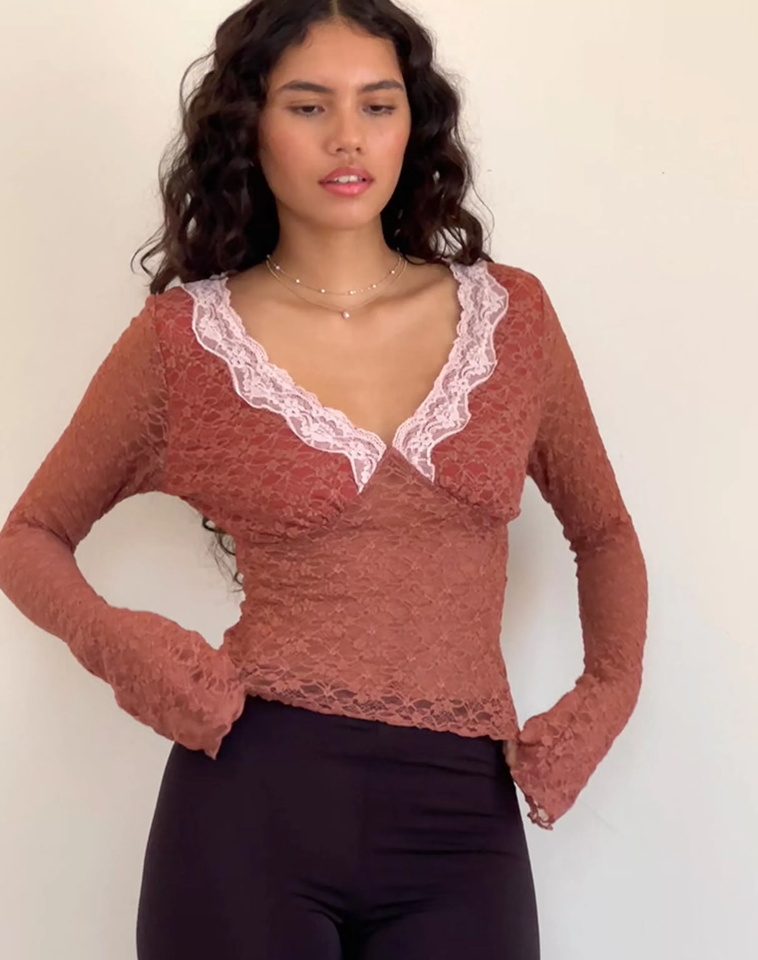 Shop Chantal Long Sleeve Lace Top In Withered Rose LACE TOPS | LONG SLEEVE TOPS