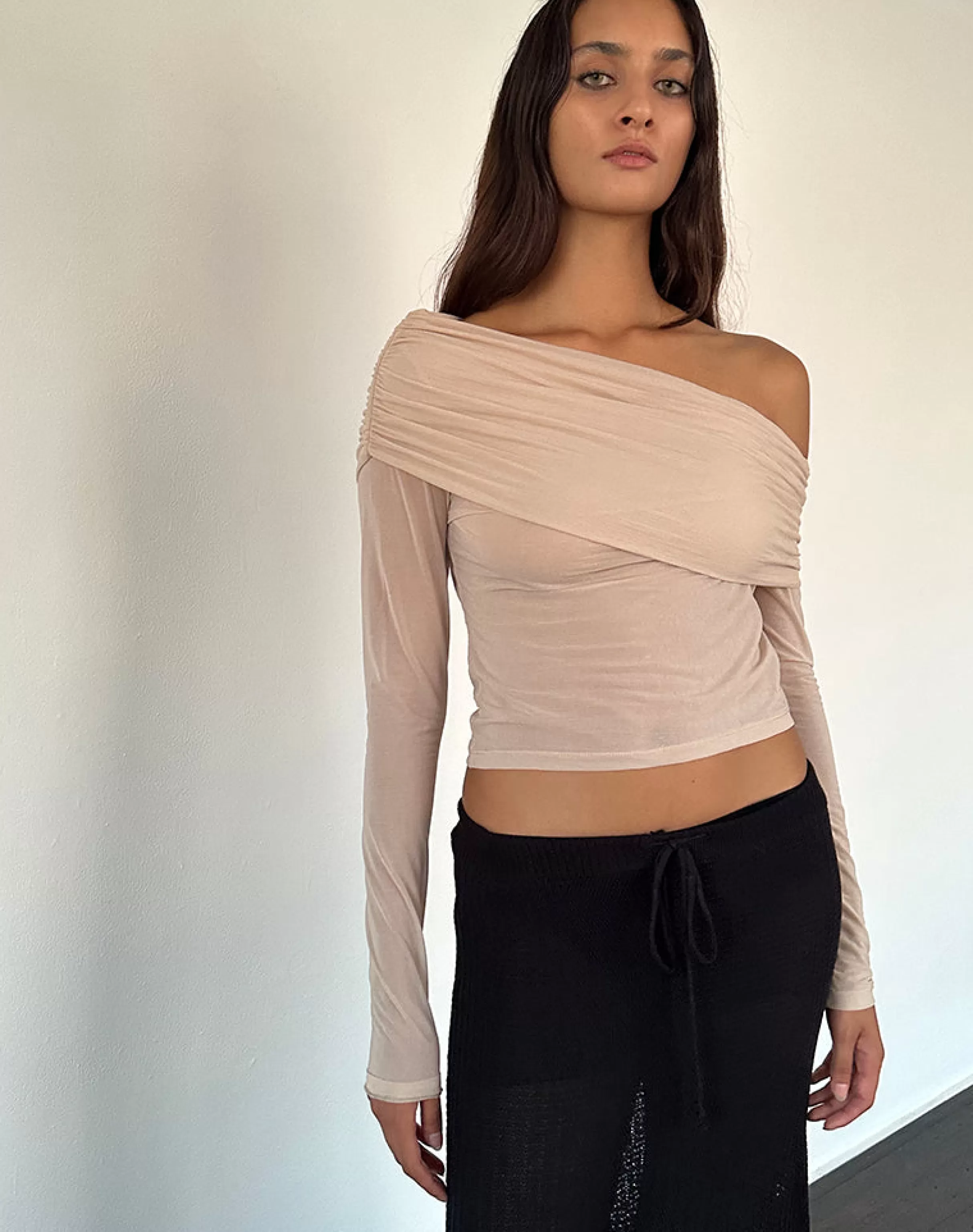 Discount Chidi Sheer Mesh Bardot Top In Camel LONG SLEEVE TOPS