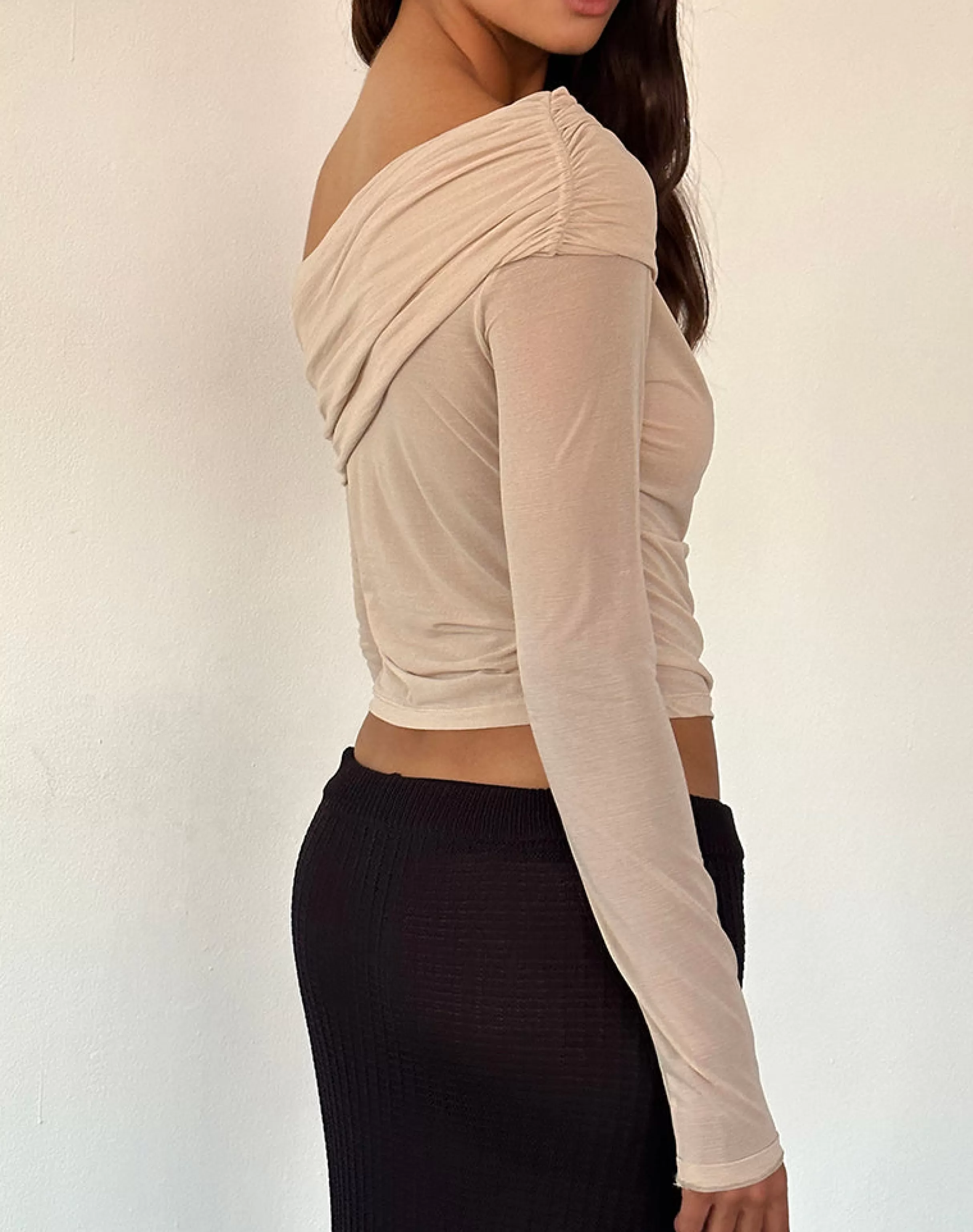 Discount Chidi Sheer Mesh Bardot Top In Camel LONG SLEEVE TOPS