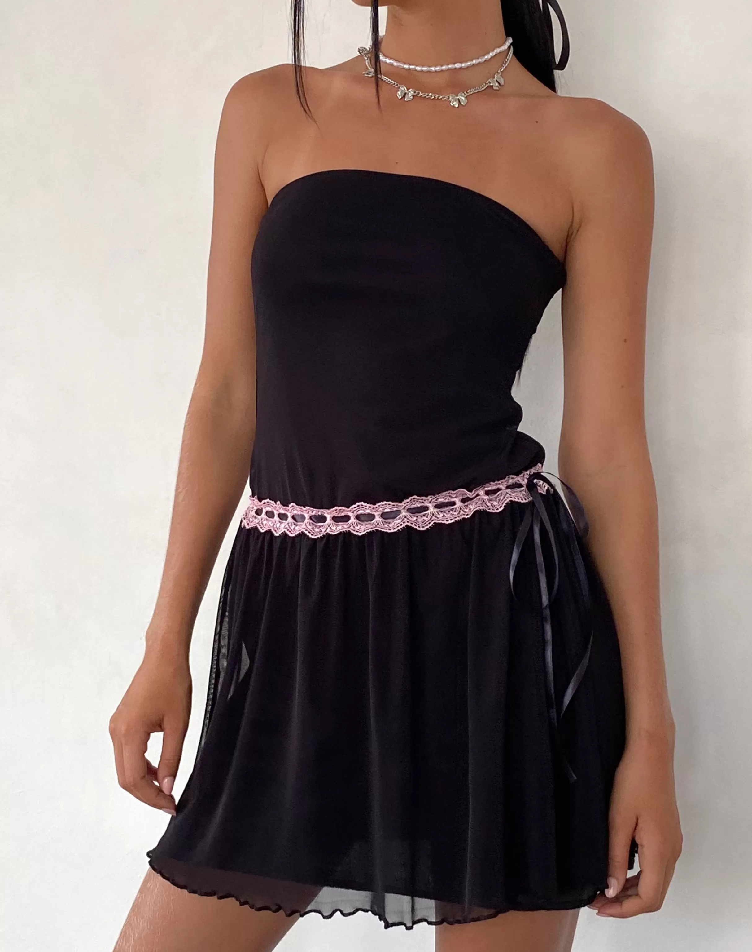 Sale Cleodora Bandeau Mesh Mini Dress In Black With Pink Waistband SALE DRESSES | BODYCON DRESSES
