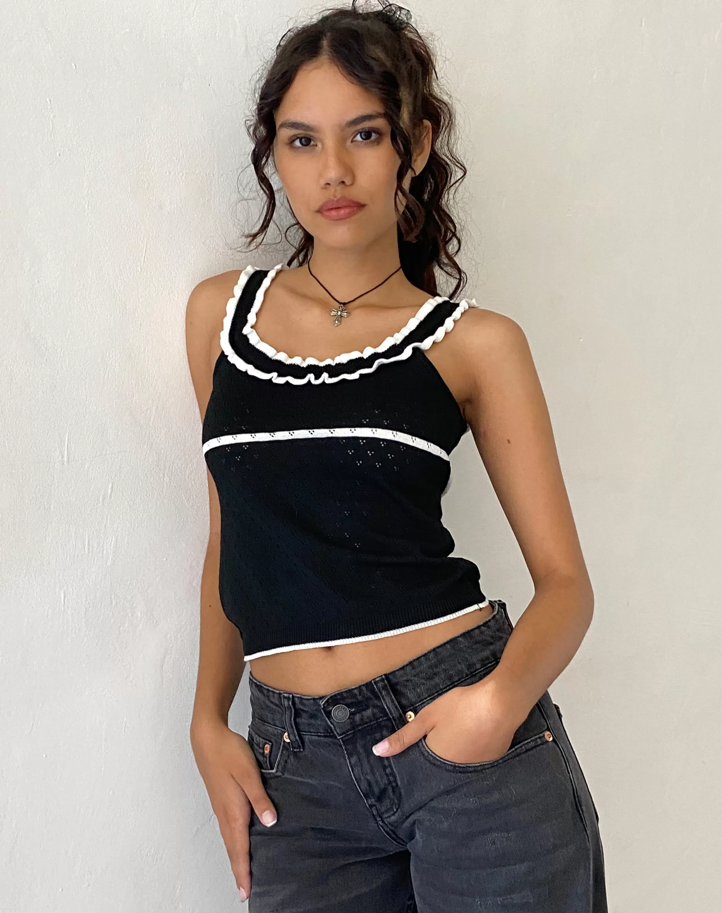 Outlet Darcie Pointelle Top In Black With White Tipping SALE TOPS | VEST TOPS