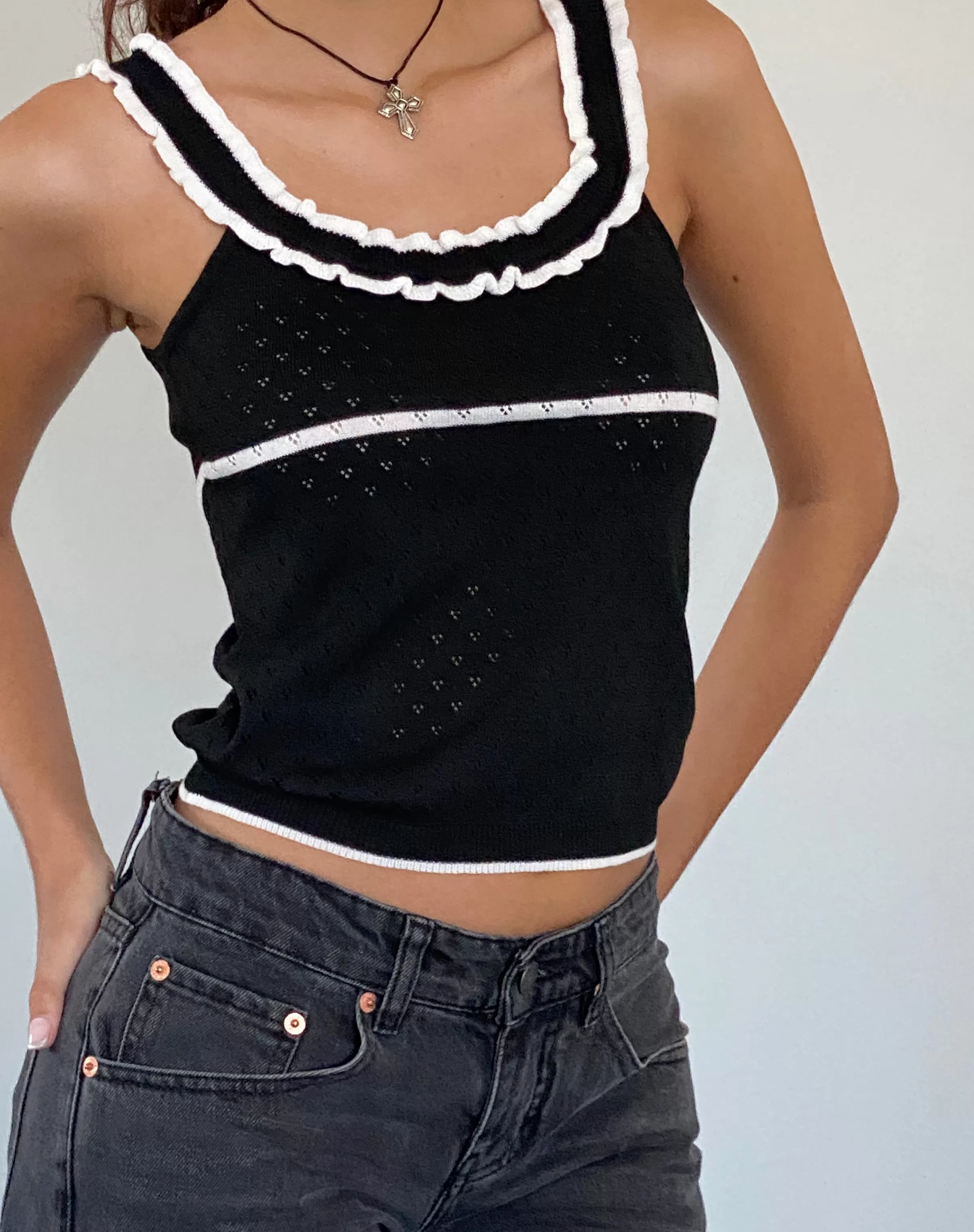 Outlet Darcie Pointelle Top In Black With White Tipping SALE TOPS | VEST TOPS