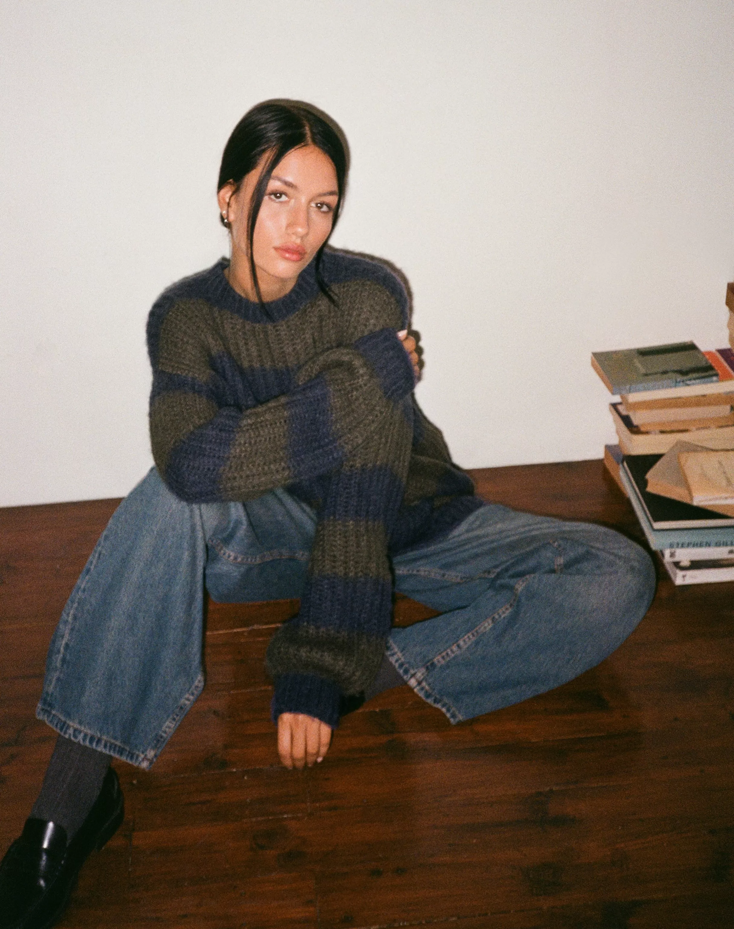 Shop Daren Knitted Oversized Jumper In Khaki And Navy Blue Stripe JUMPERS