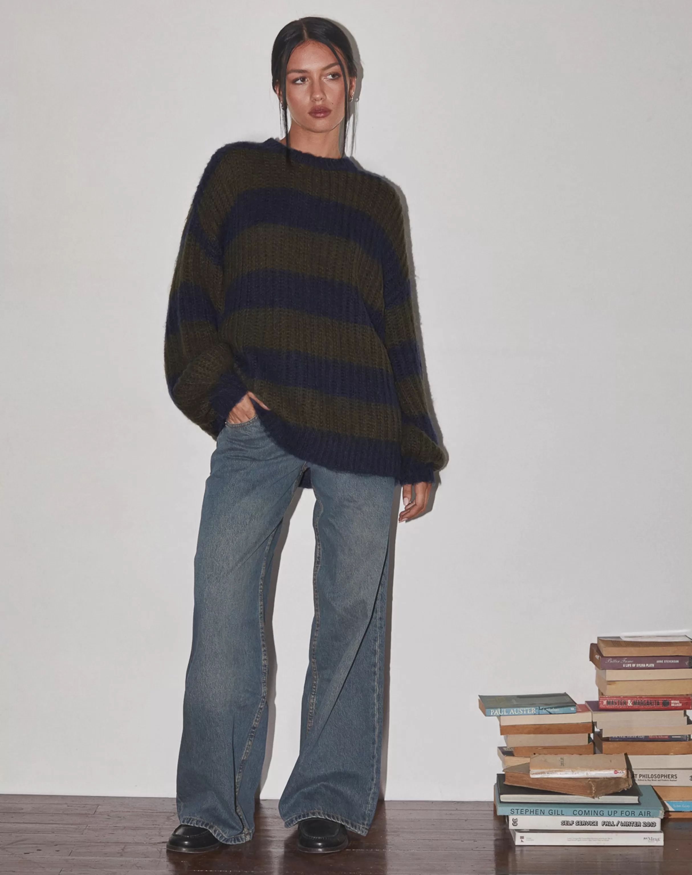 Shop Daren Knitted Oversized Jumper In Khaki And Navy Blue Stripe JUMPERS