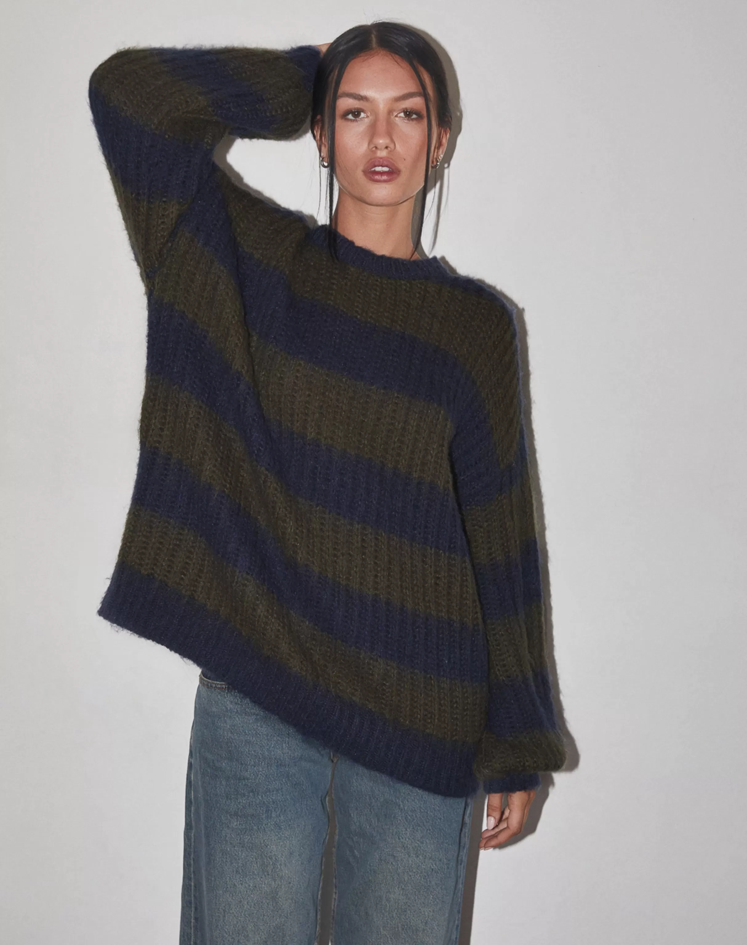 Shop Daren Knitted Oversized Jumper In Khaki And Navy Blue Stripe JUMPERS